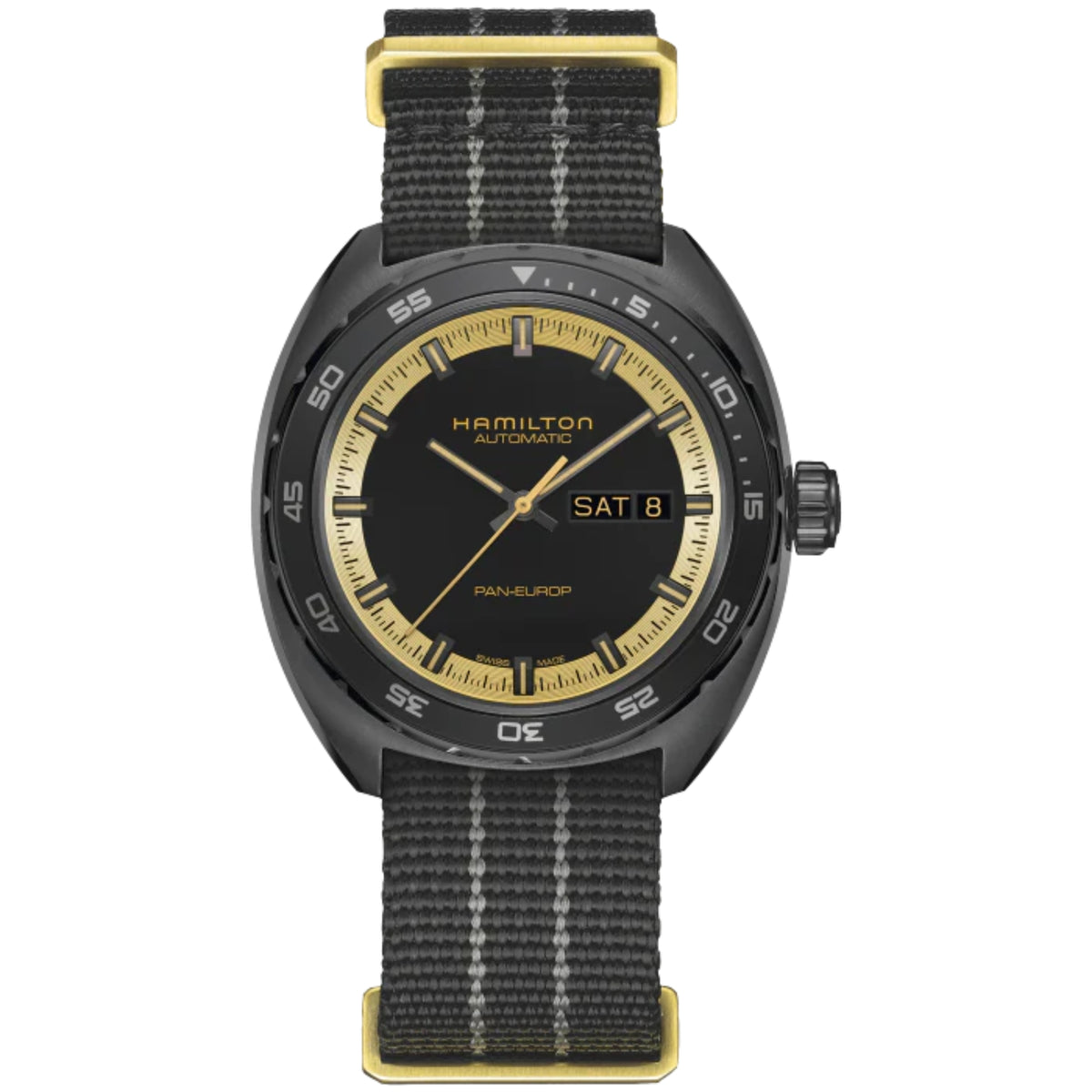 Hamilton automatic wristwatch front view with black dial, gold bezel, and woven fabric strap