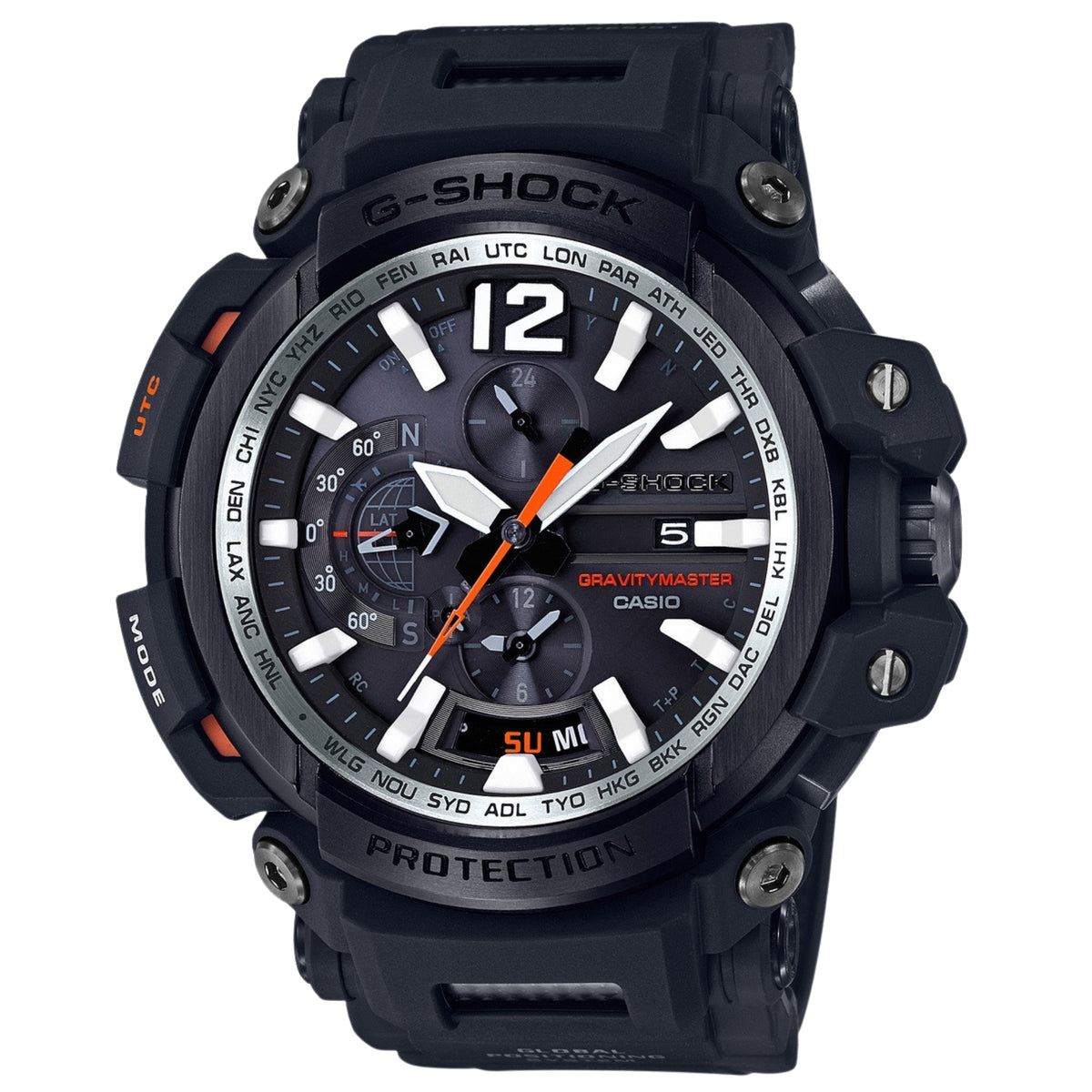Men's black Casio G-Shock Gravitymaster watch with GPS dial, orange accents, metal bezel