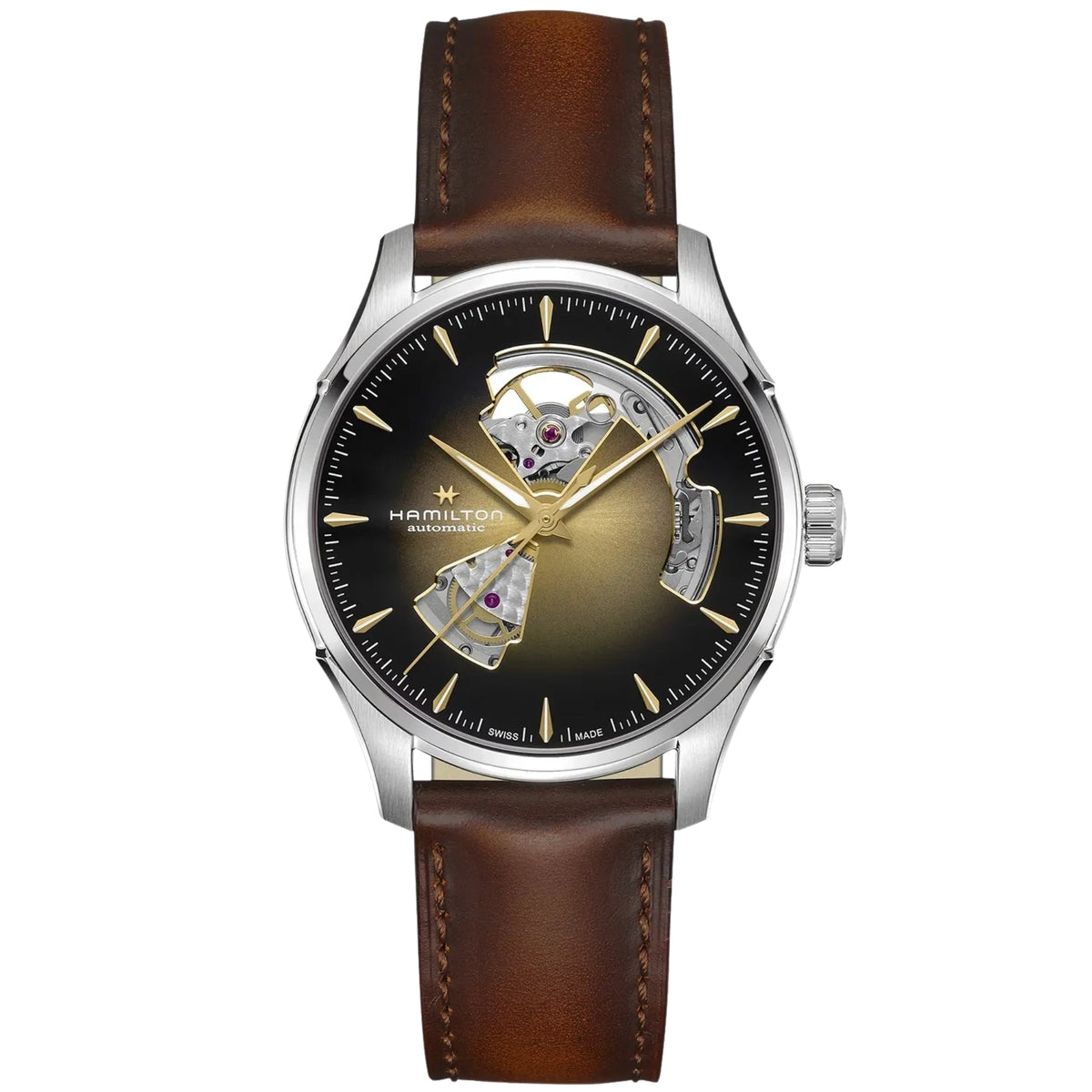 Hamilton Jazzmaster H32675501 mens 40mm automatic watch front view displaying black dial, open heart cutout, stainless steel case, and brown leather strap