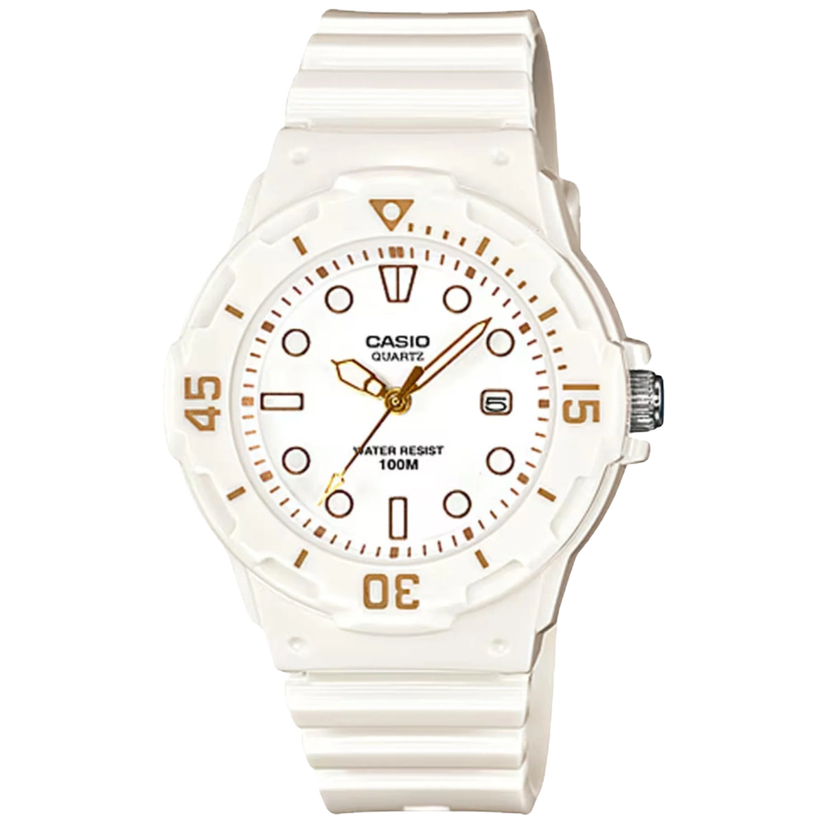 Women’s Casio analog wristwatch with white resin strap, white dial, gold hands, 100m water resist