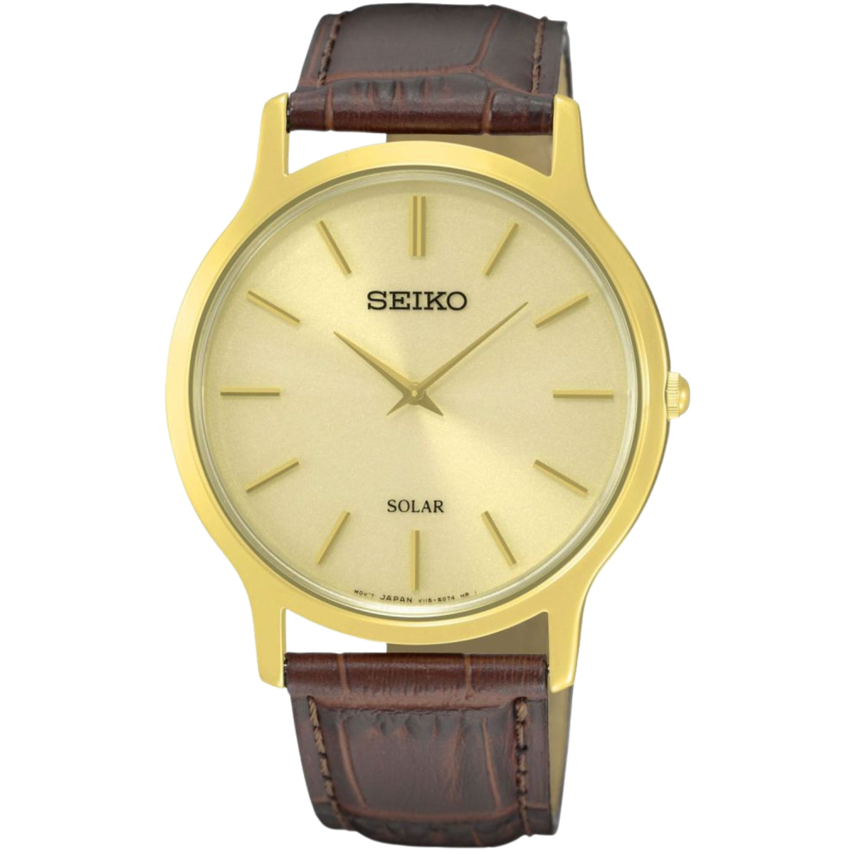 Men's Seiko solar watch with gold case, light gold dial, and brown leather strap