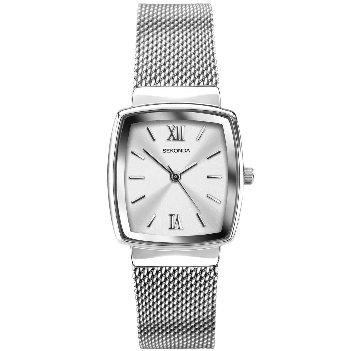 Ladies quartz bracelet watch with square silver case and white Roman numeral dial