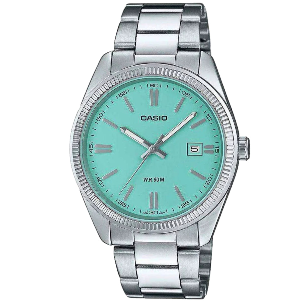 Casio stainless steel bracelet quartz watch with Tiffany blue dial and WR50M marking