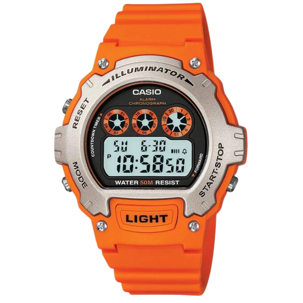 Orange resin digital sports watch with alarm, stopwatch, and backlit display