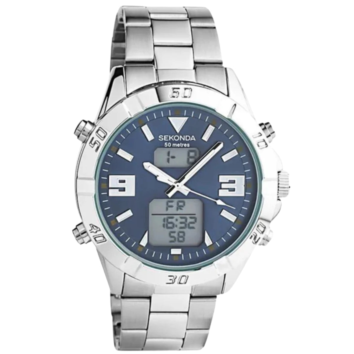 Sekonda analog wristwatch with blue dial and metal link bracelet, date window