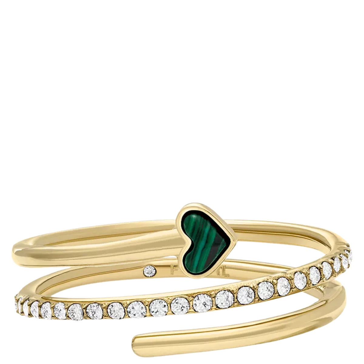 Fossil gold-tone ring stack with green heart stone and pavé crystal band