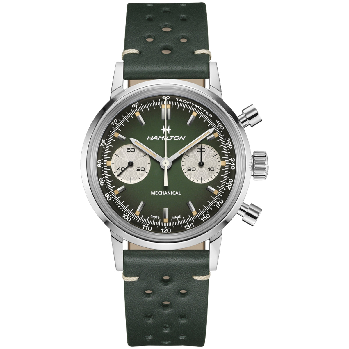 Men's 40mm mechanical chronograph watch with green dial and green leather strap