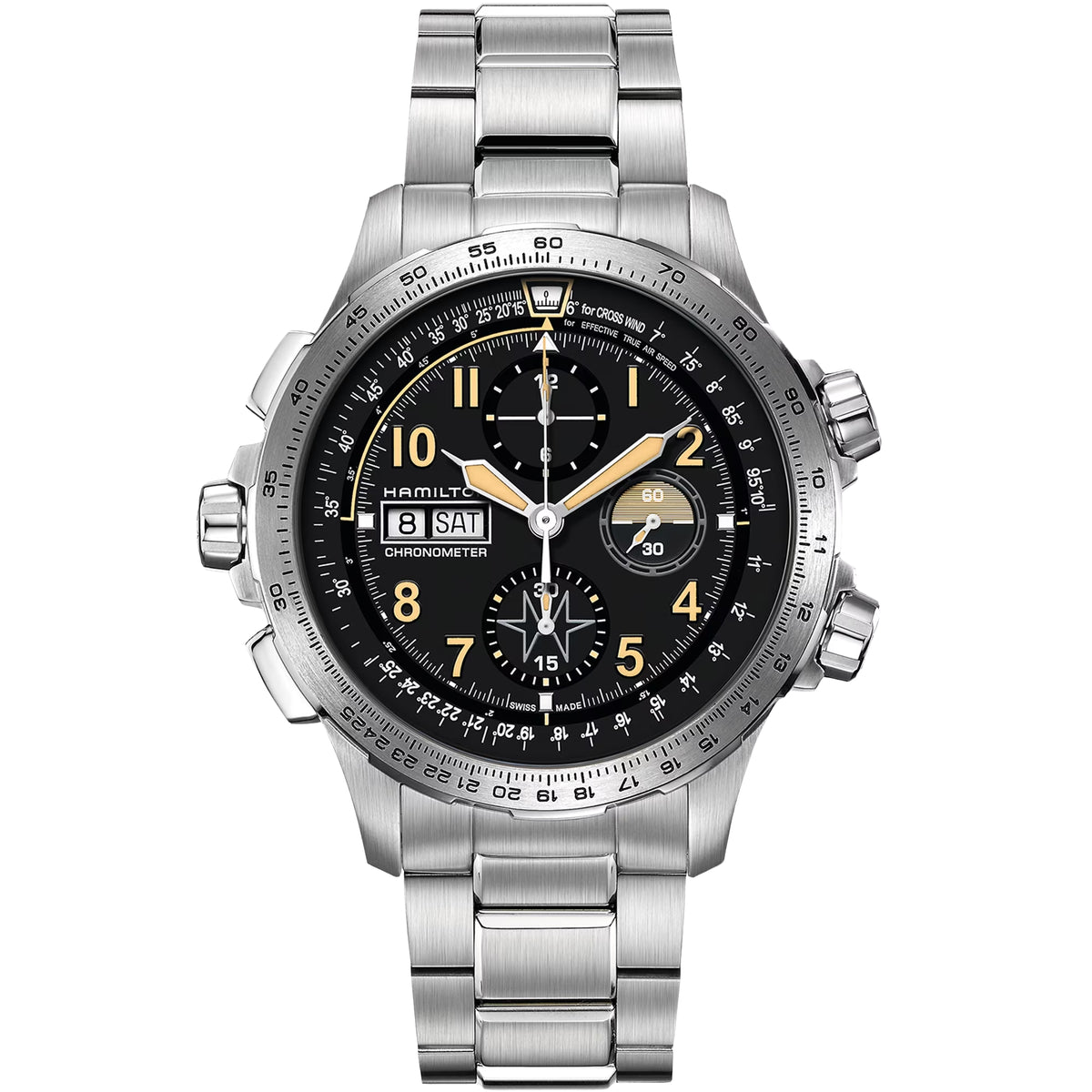 Men's steel automatic wristwatch with black dial, gold hands, subdials and date window