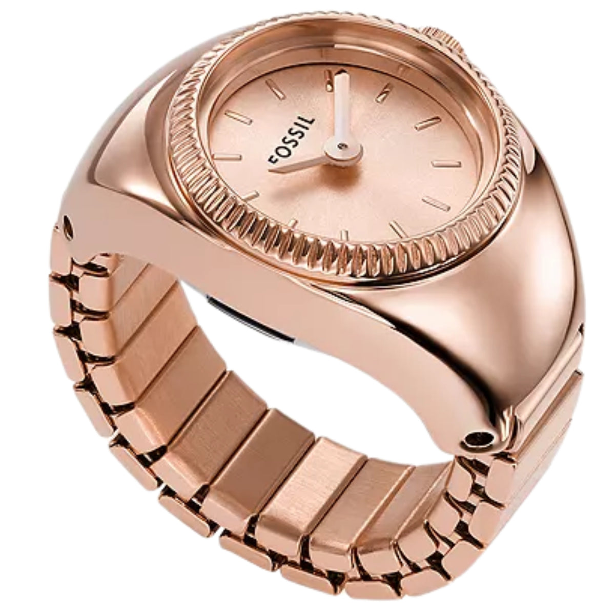 Fossil Watch Ring ES5247 ladies quartz timepiece showing a rose gold dial, coin-edge bezel, and flexible link band