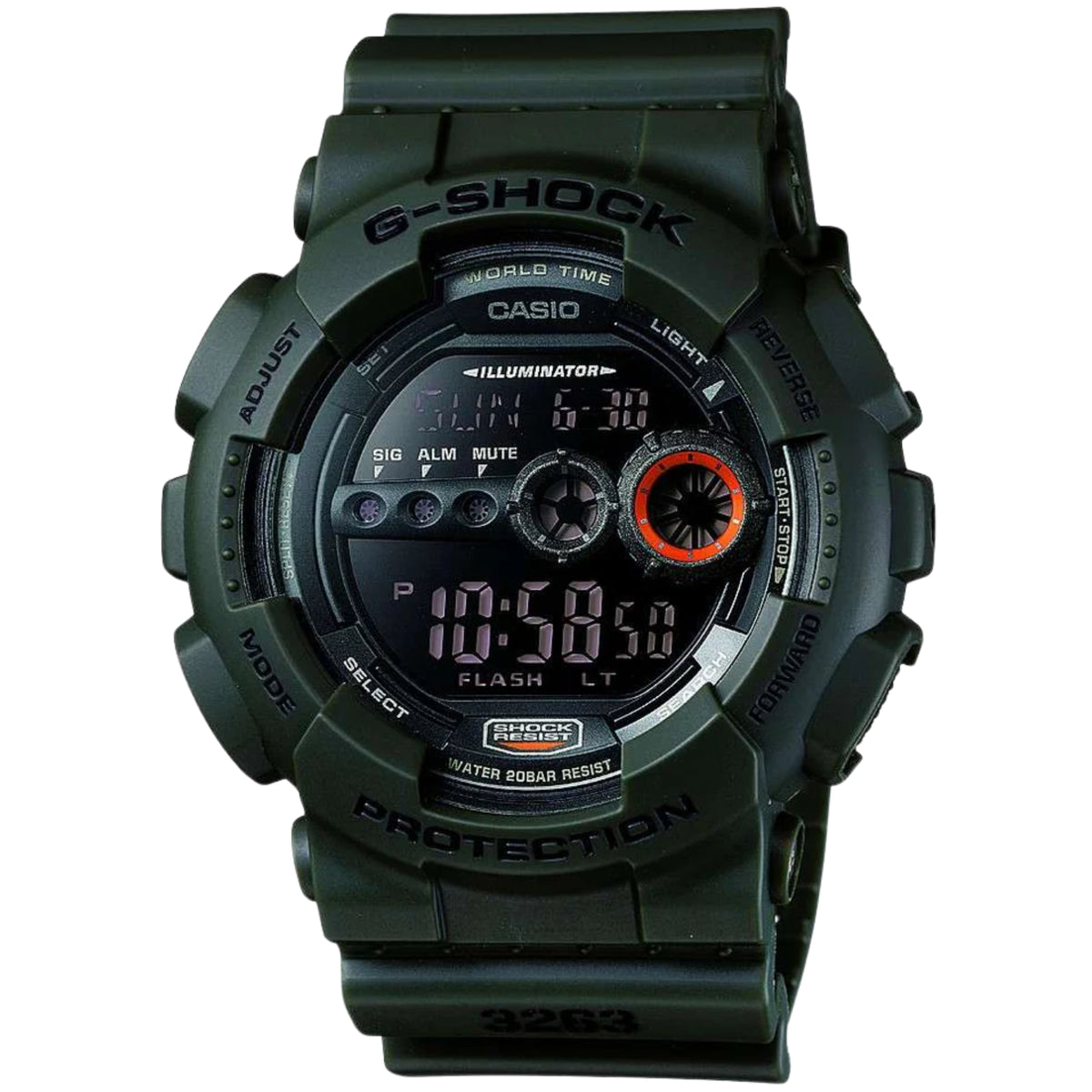 Men's Casio G-Shock digital chronograph watch with green case and orange subdial