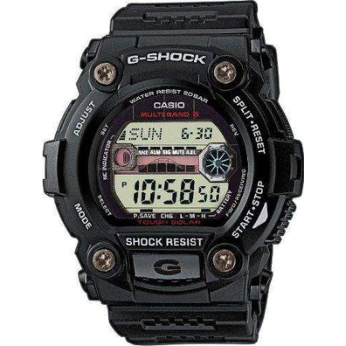 Men's G-Shock digital tough solar watch with black resin strap and Shock Resist display