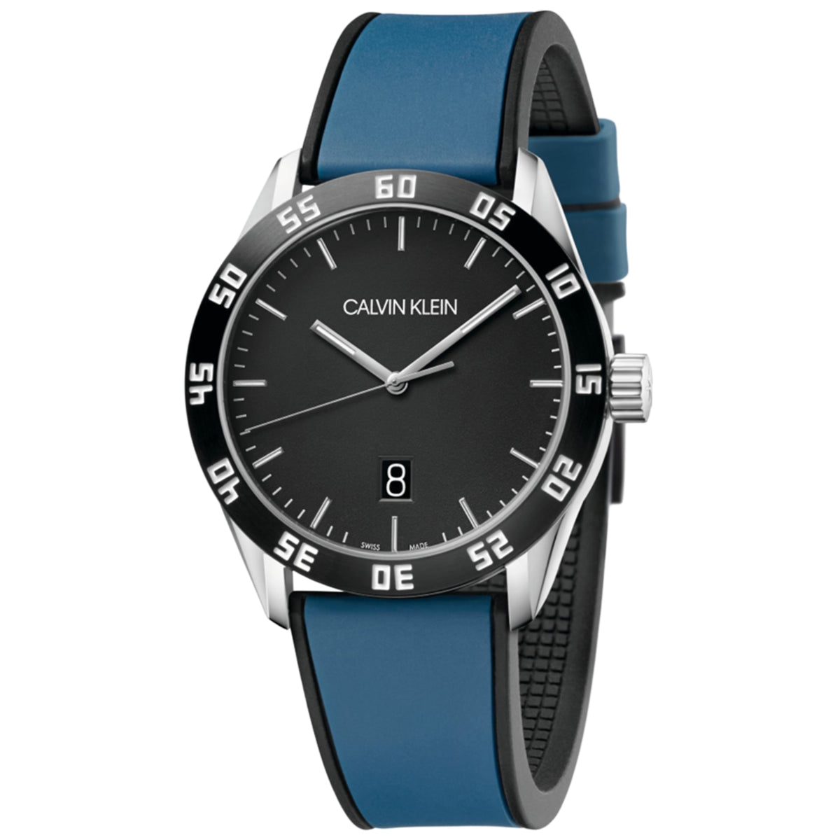 Quartz wristwatch with black dial, silver case, and blue rubber strap