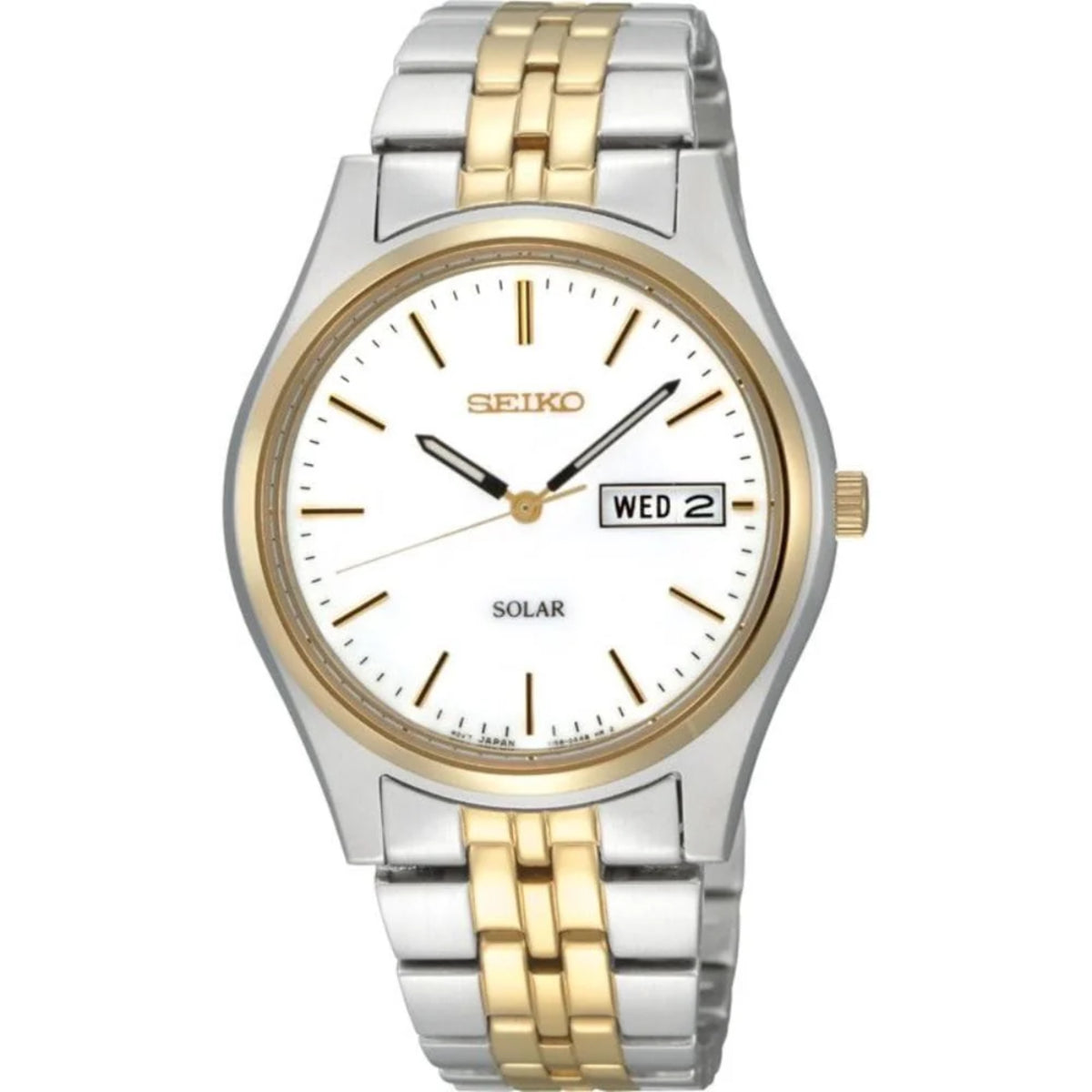 Seiko solar men's watch with white dial, gold bezel, date window, two-tone stainless strap