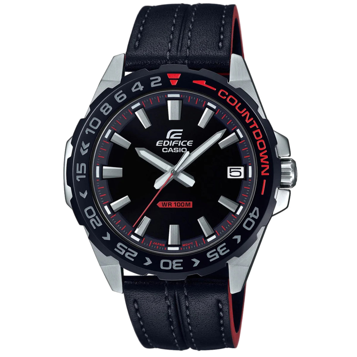 Men's Casio Edifice stainless watch with black dial and red markers, black leather strap