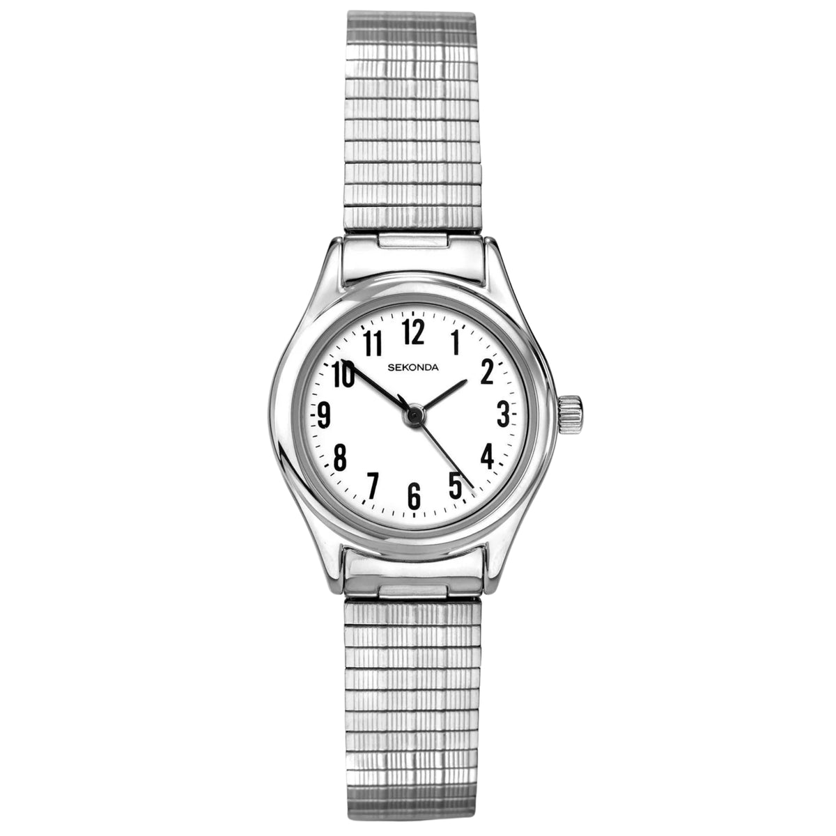 Ladies stainless steel expander bracelet watch with white dial, black hands, raised markers