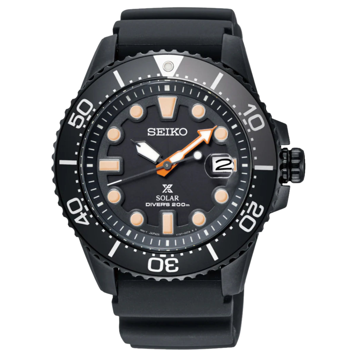 Black dial solar diver's watch with orange hands, date window, and rubber strap.