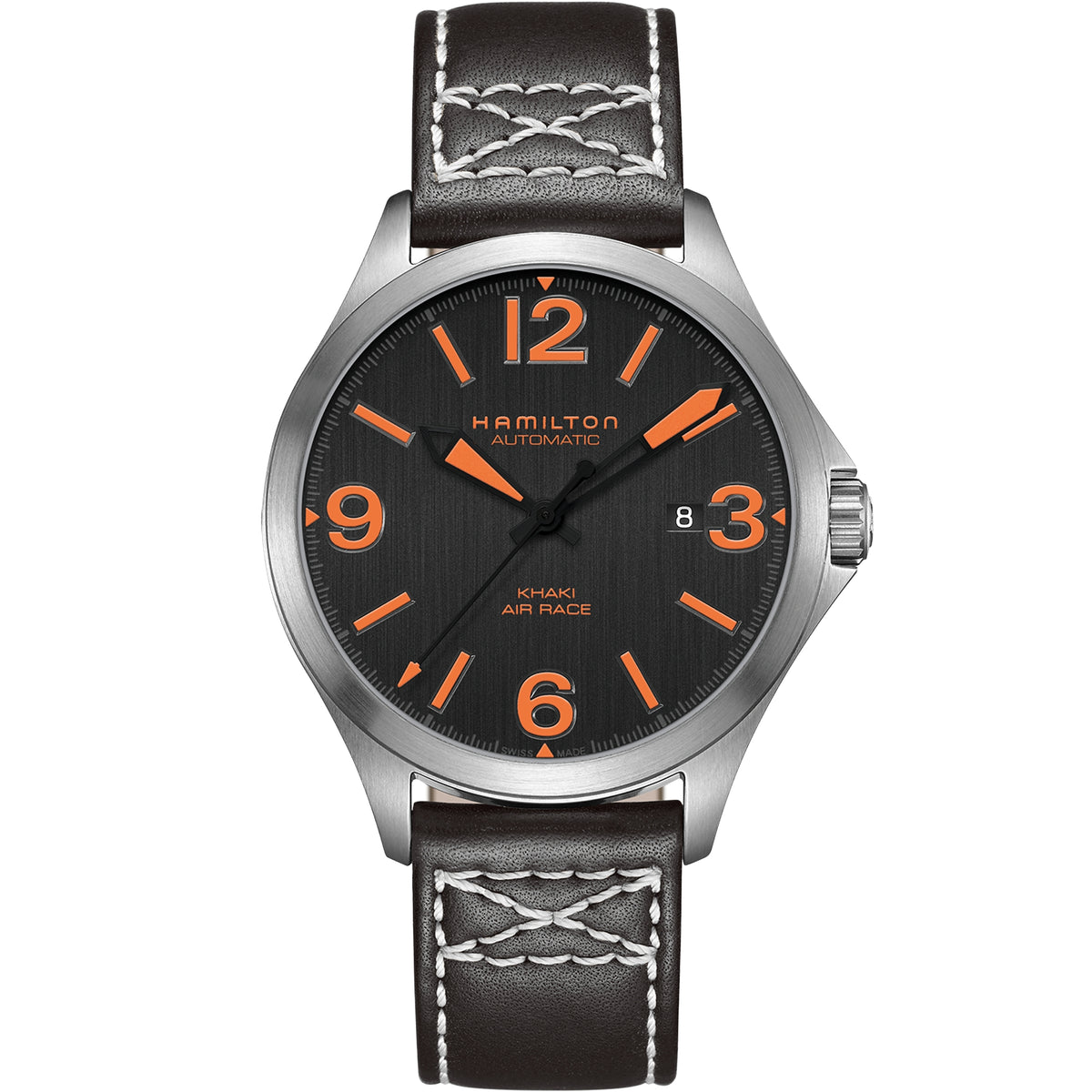 Men's automatic wristwatch with black dial, orange markers, and brown leather strap