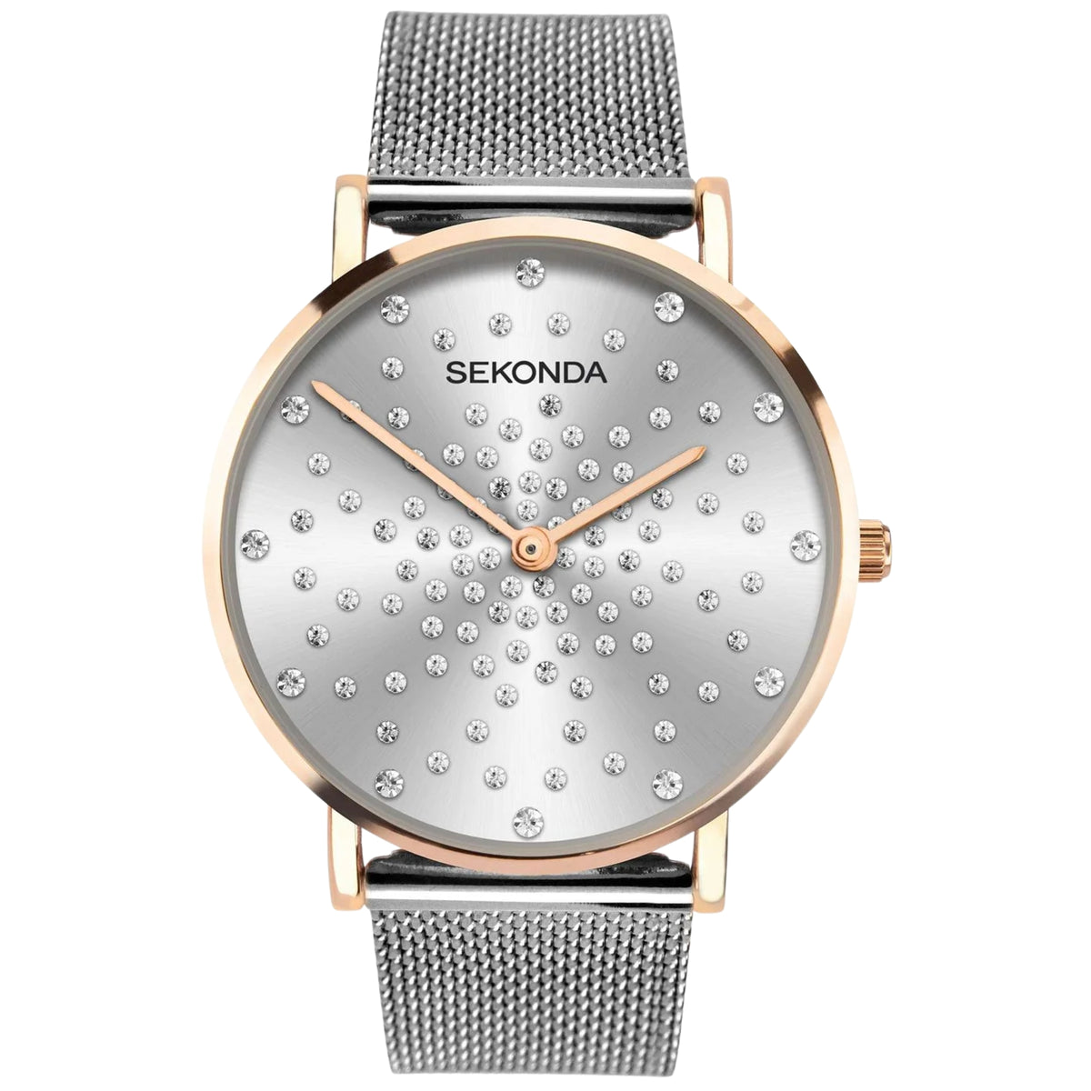 Angled SEKONDA watch with silver crystal dial, rose-gold bezel, gray mesh strap