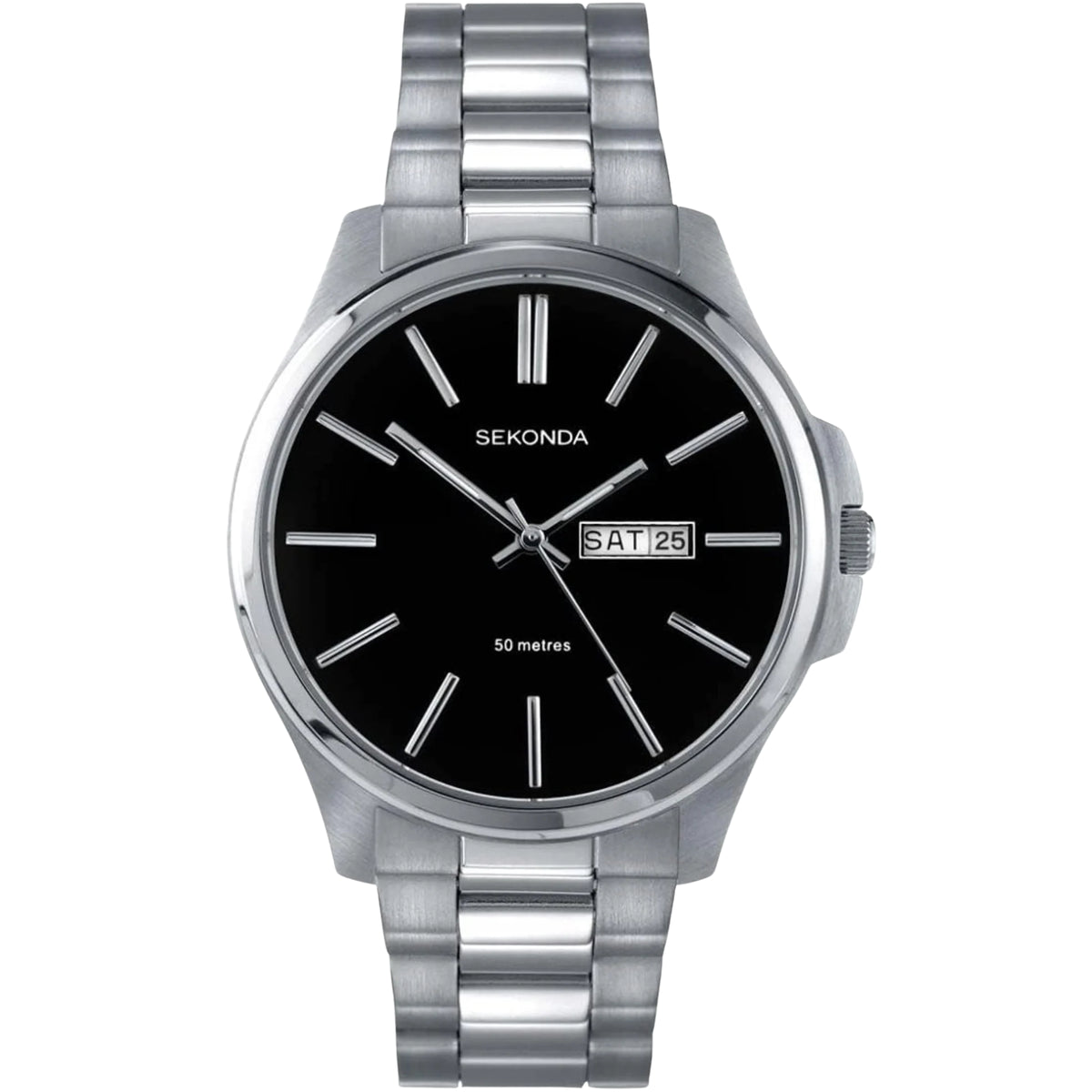 Men's stainless steel bracelet watch with black dial, baton hour marks and 50 metres text