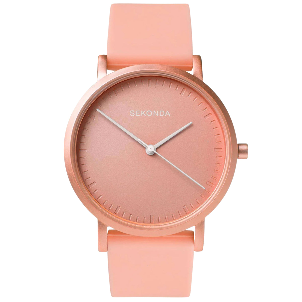 Pink silicone strap ladies quartz watch with pink dial and rose-gold tone bezel