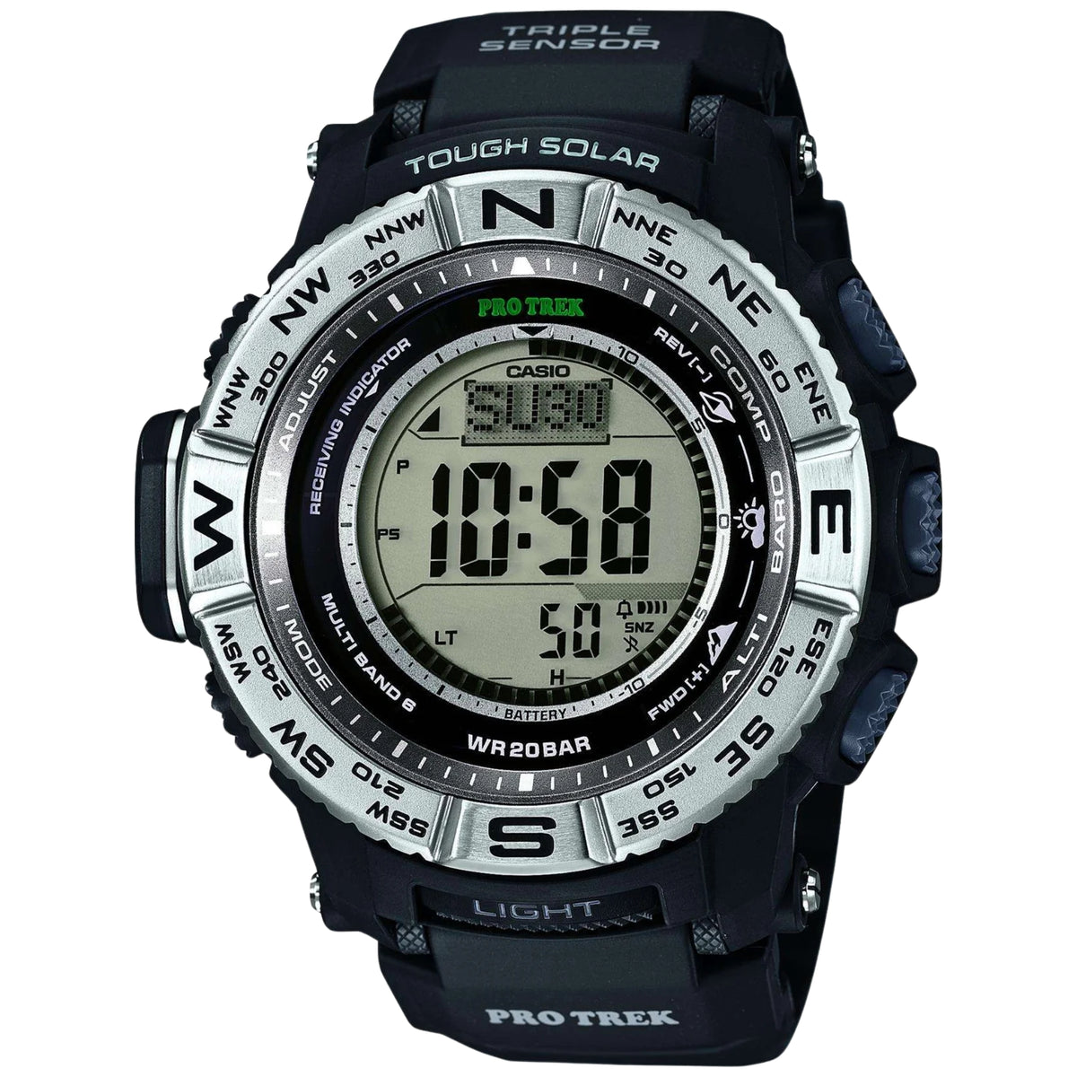 Casio Pro Trek men's digital alarm chronograph watch with black resin strap and display