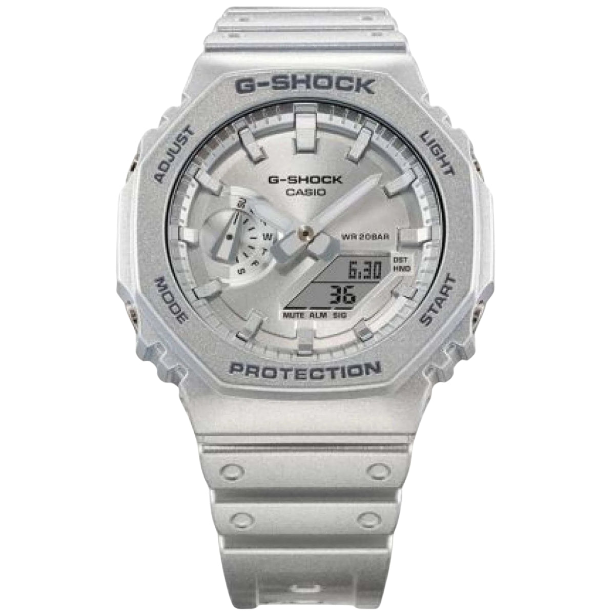Silver G-Shock analog-digital mens watch with octagonal case, metal bracelet