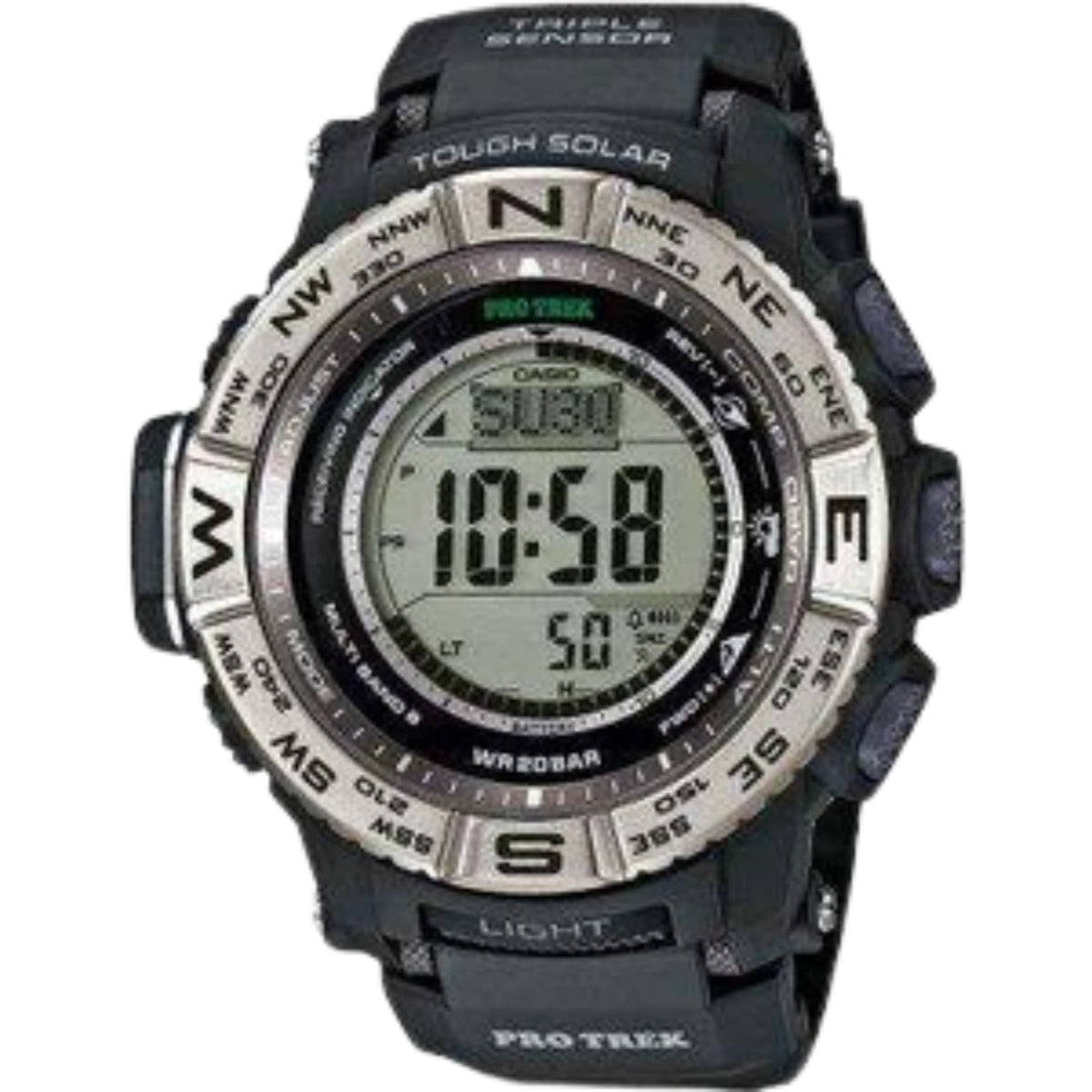 Men's digital wristwatch with black resin strap and LCD display