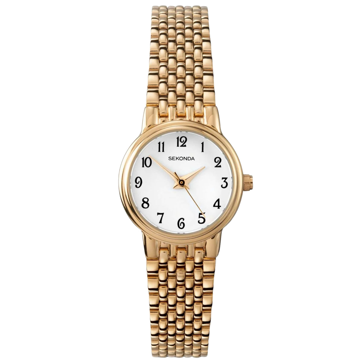 Ladies round watch with white dial and gold-tone mesh bracelet, crown at 3 o'clock