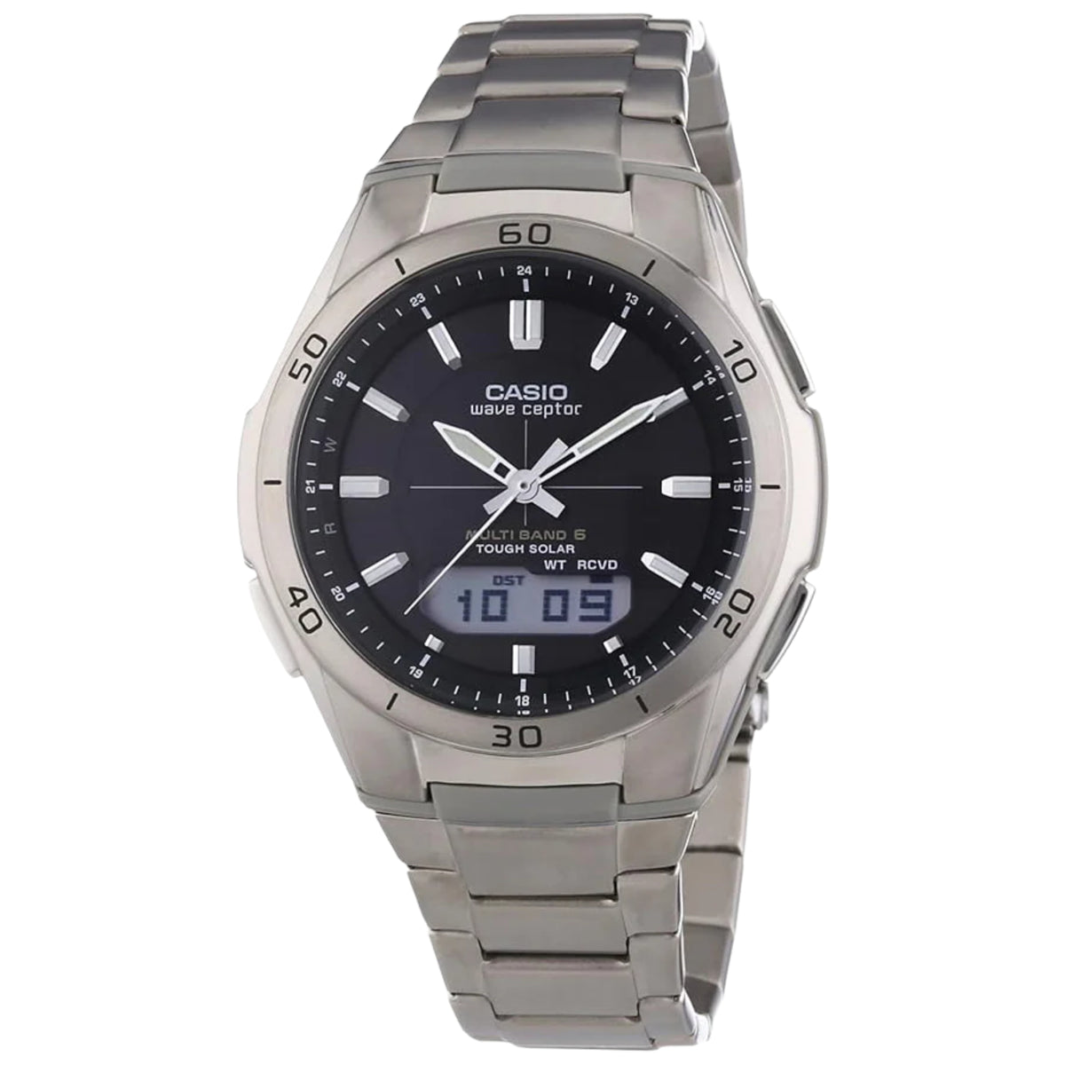 Casio men's quartz watch with black dial, analog-digital display, silver titanium bracelet