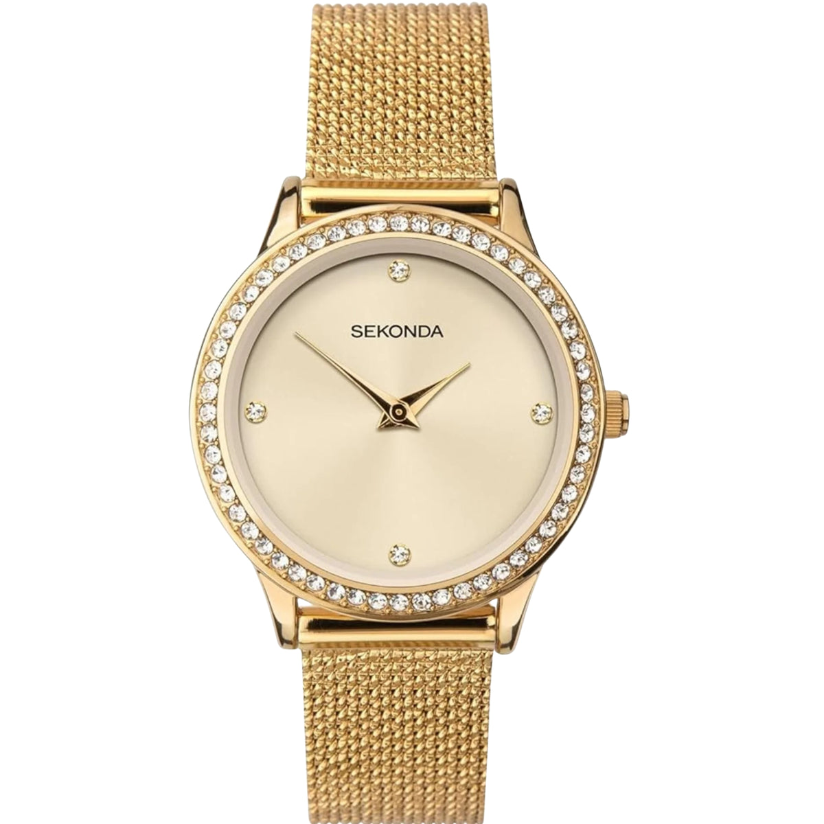 Gold-tone ladies quartz watch with cream dial, crystal-set bezel, mesh bracelet, crown