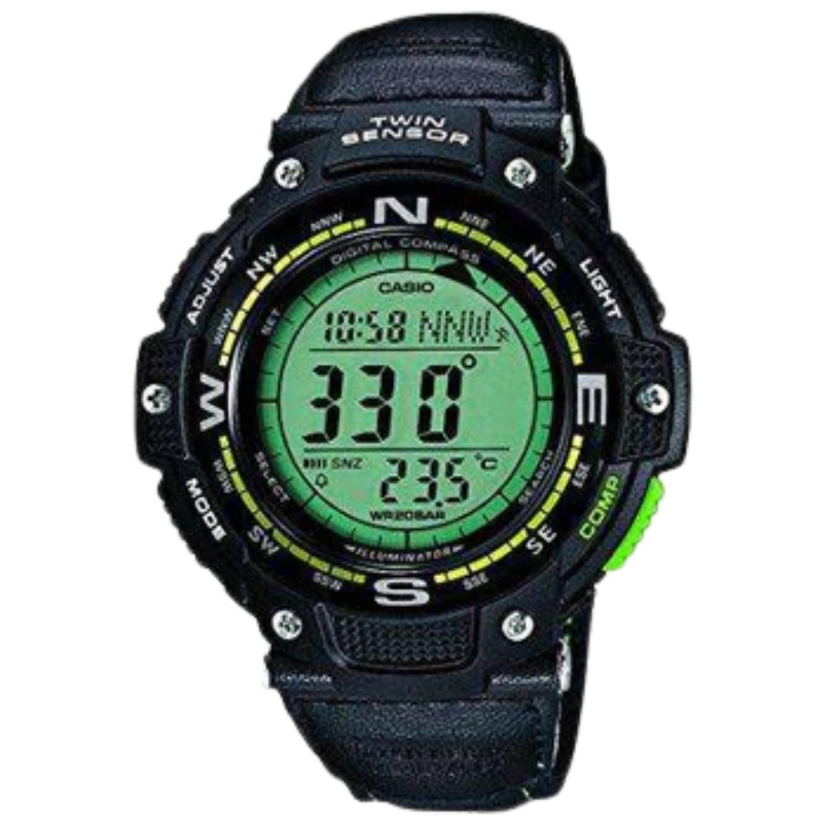 Casio men's digital sports watch with black resin strap and green LCD display