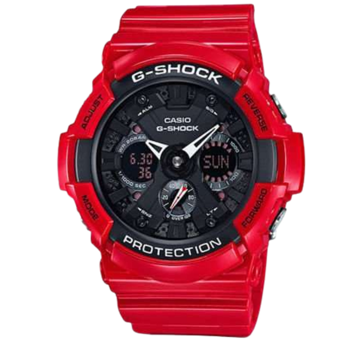 Casio G-Shock red resin alarm chronograph with black dial, digital time, and subdials