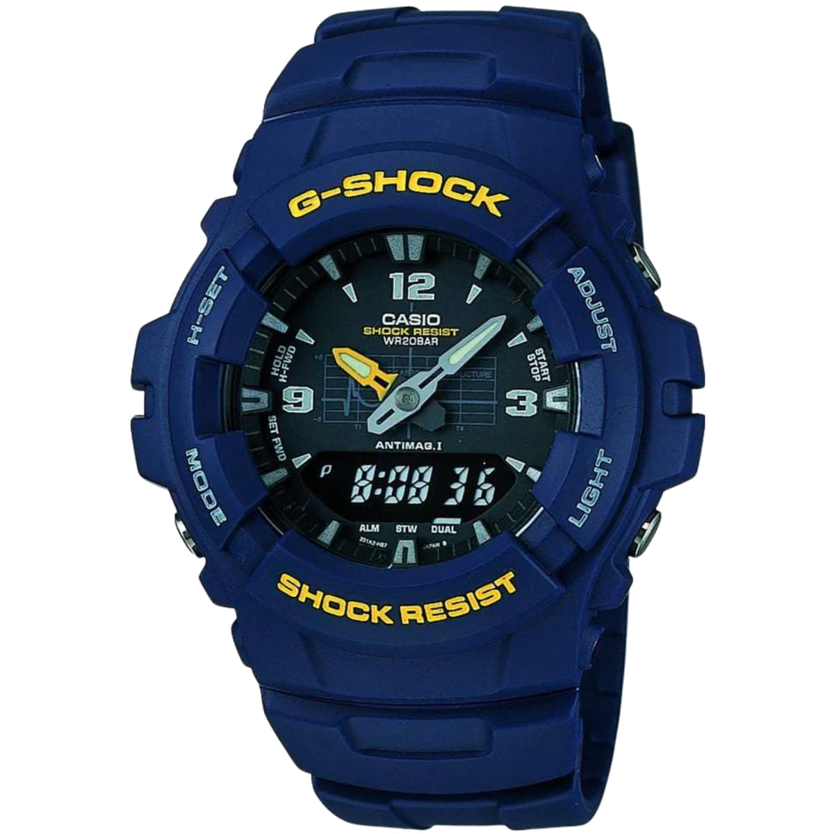 Navy blue Casio G-Shock men’s alarm chronograph watch with digital display and strap