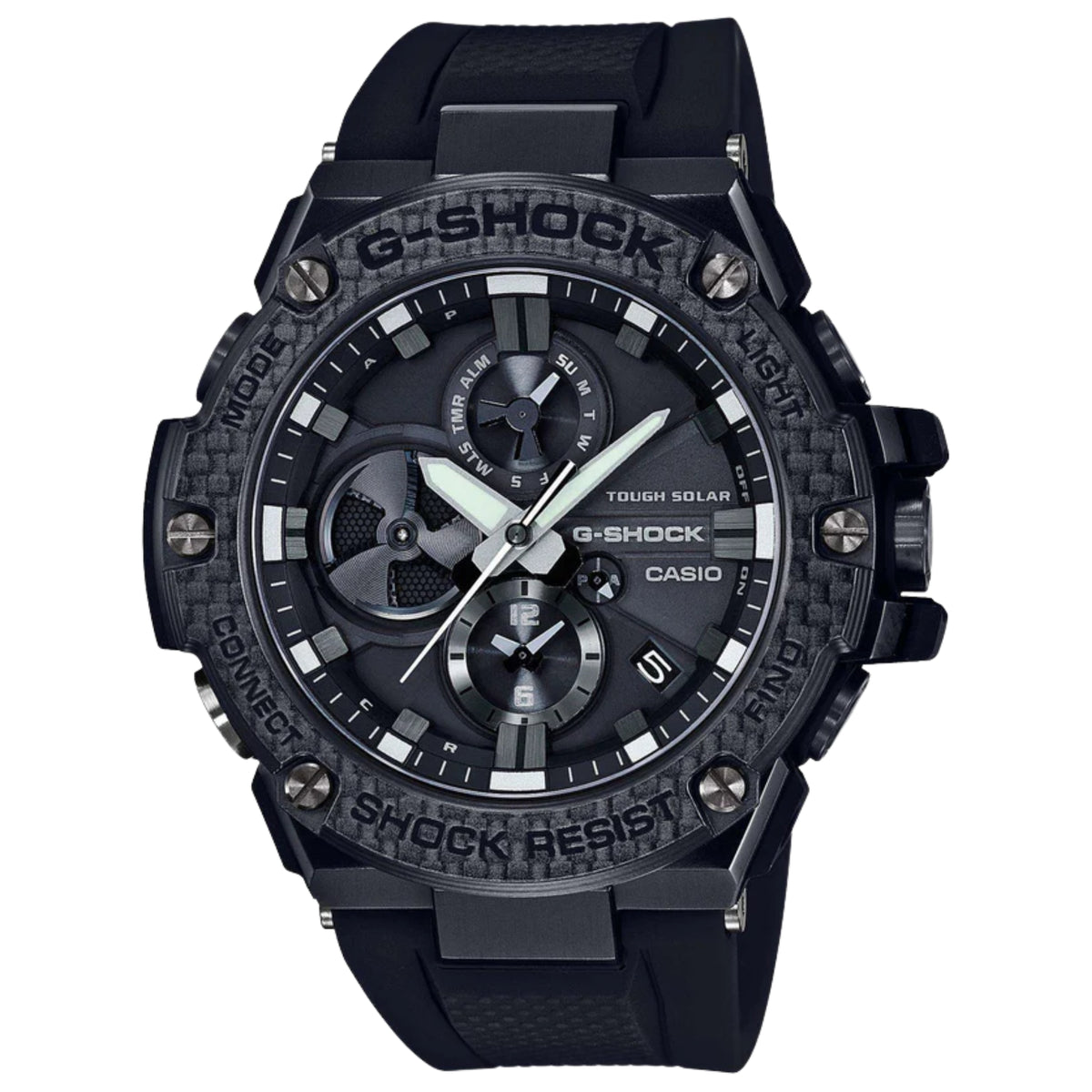 Casio G-Shock men's smartwatch in black with carbon-fibre bezel and three subdials