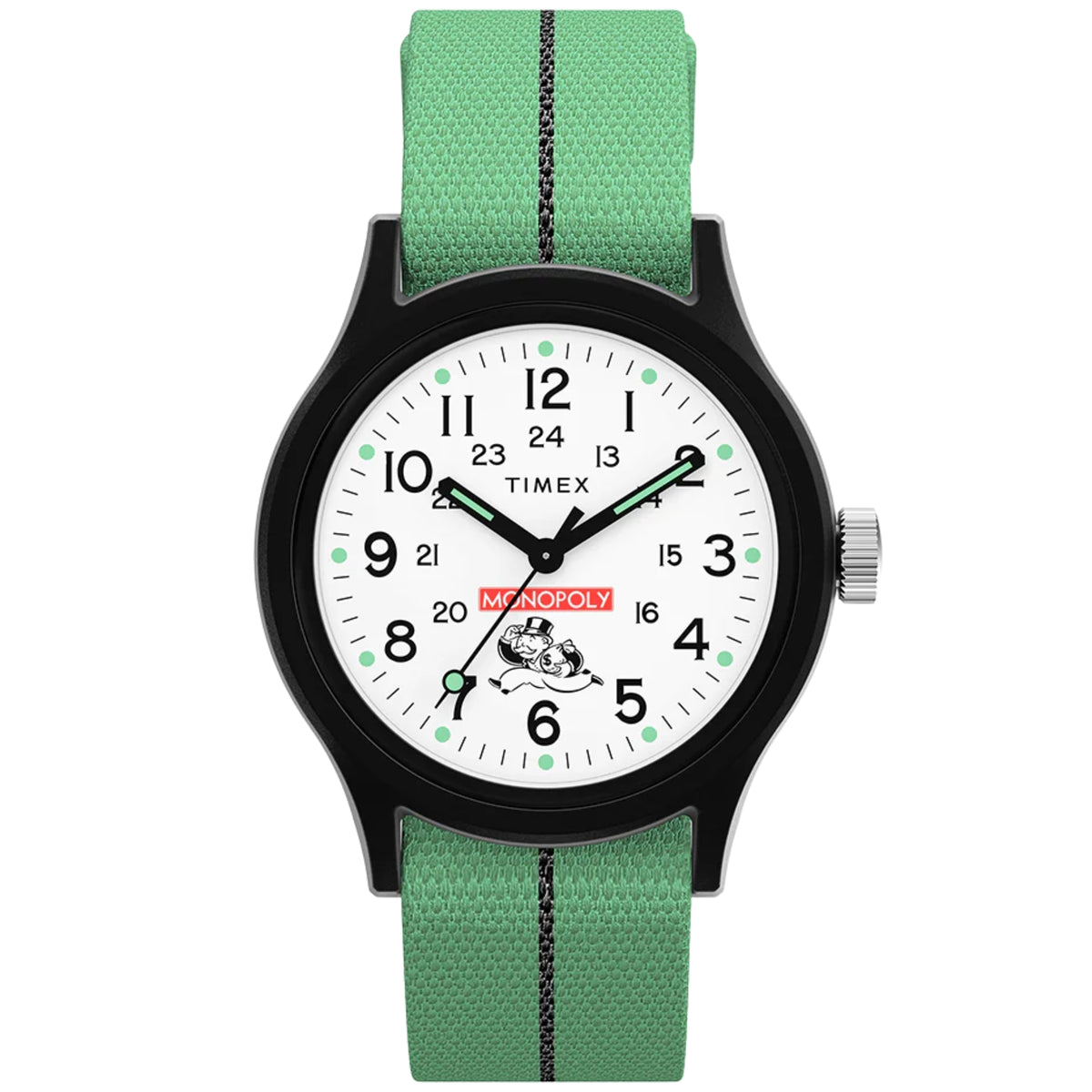 Timex men's quartz watch with white dial, black bezel, green textile strap with dark stripe