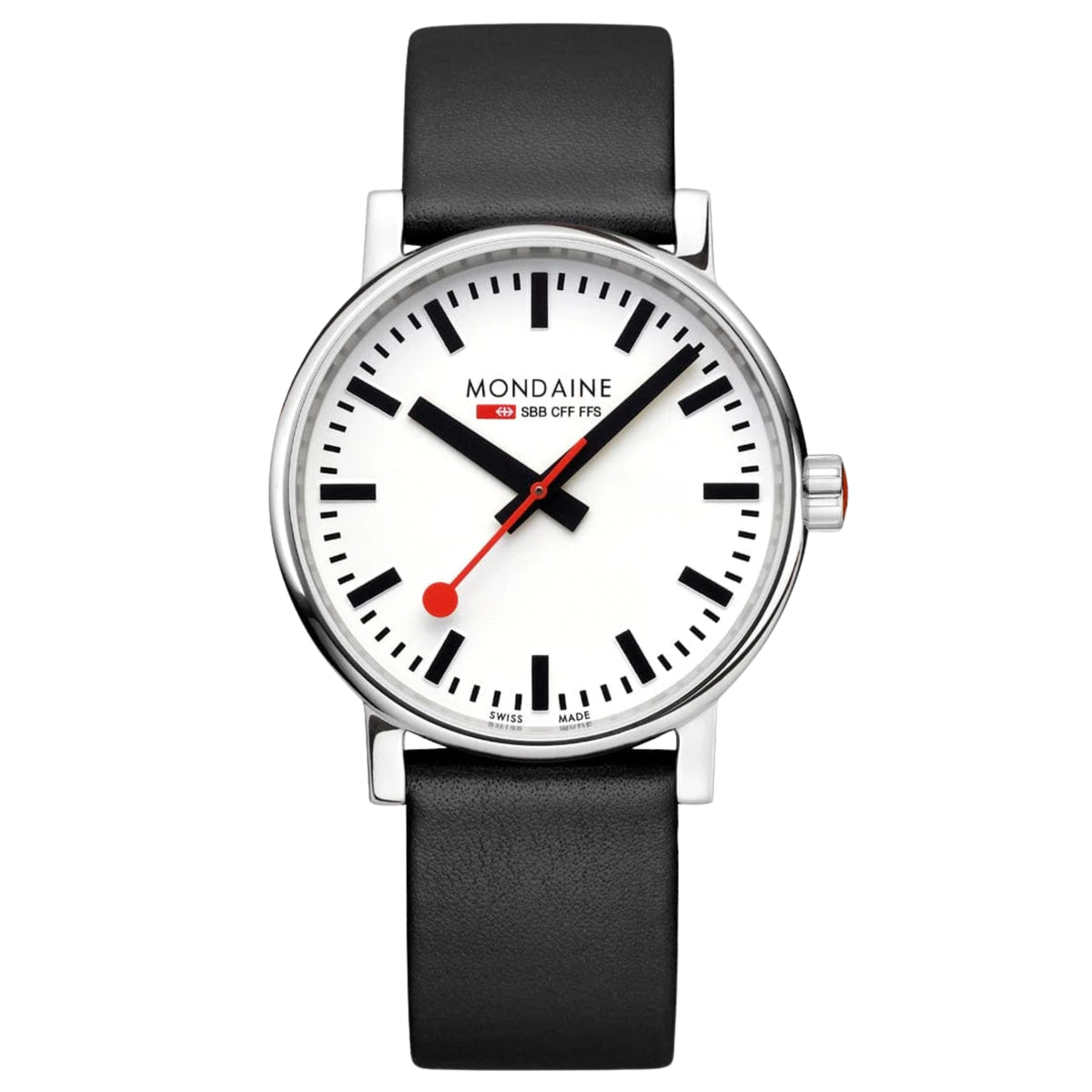 Mondaine Evo2 MSE.40110.LBV casual timepiece front view with black leather strap
