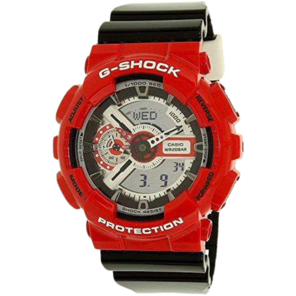 G-Shock sports watch, red resin case, black strap, analog-digital multi-dial face