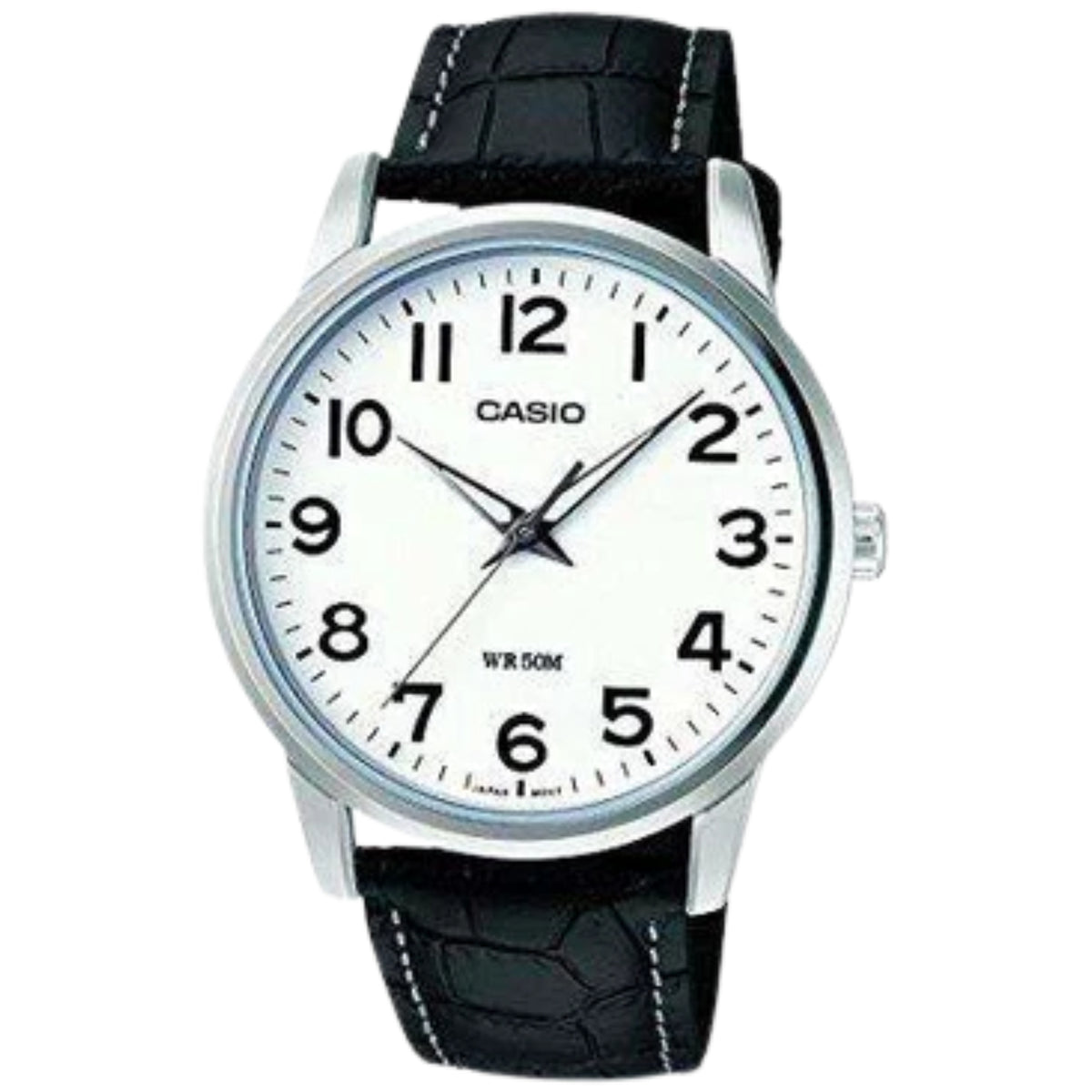 Men's analog wristwatch with black leather strap, round silver case, Casio white dial