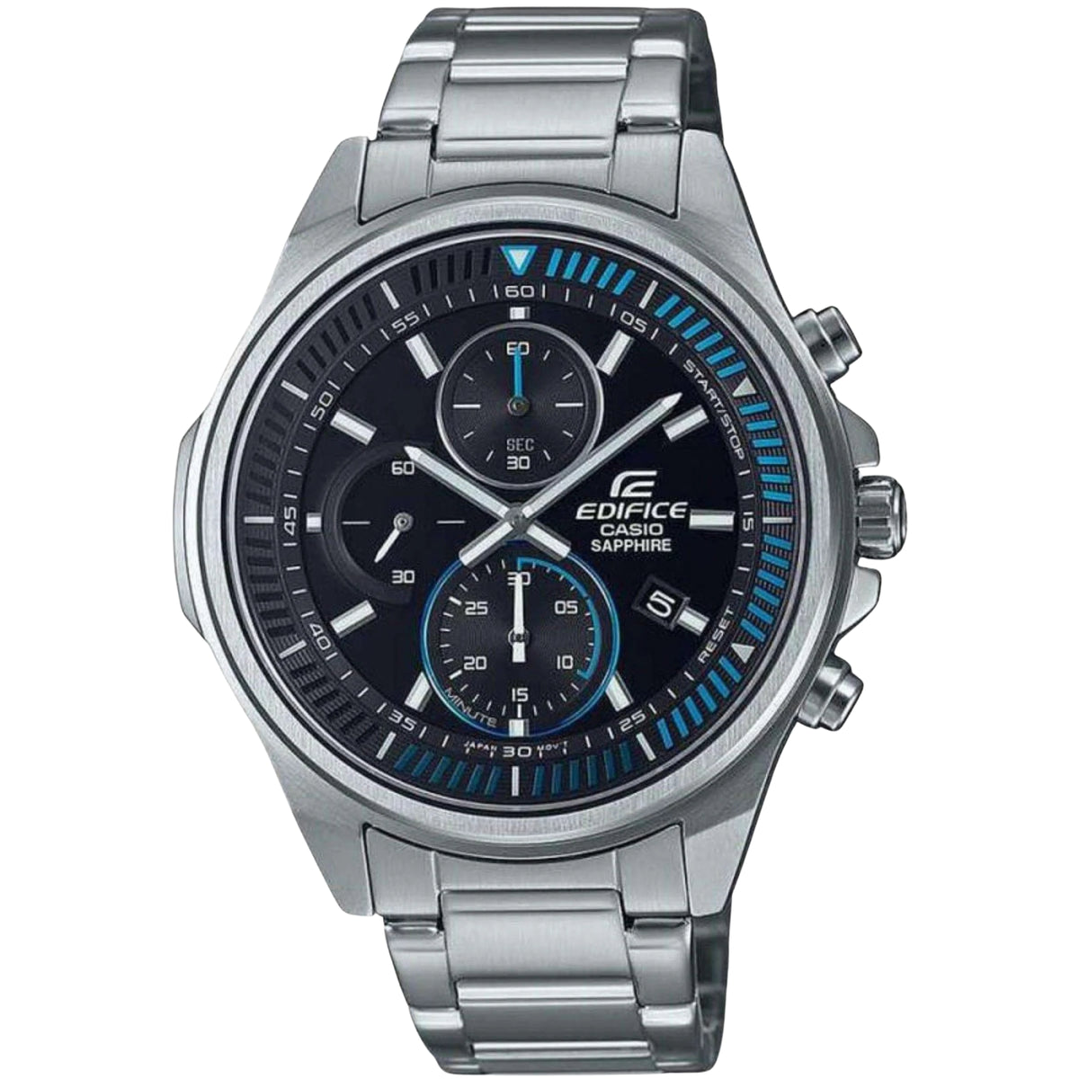Round stainless steel wristwatch with dark dial, blue bezel markers, metal bracelet