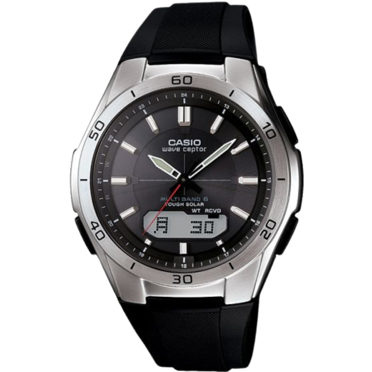 Casio men’s solar radio-controlled watch, black dial with digital display, black resin strap