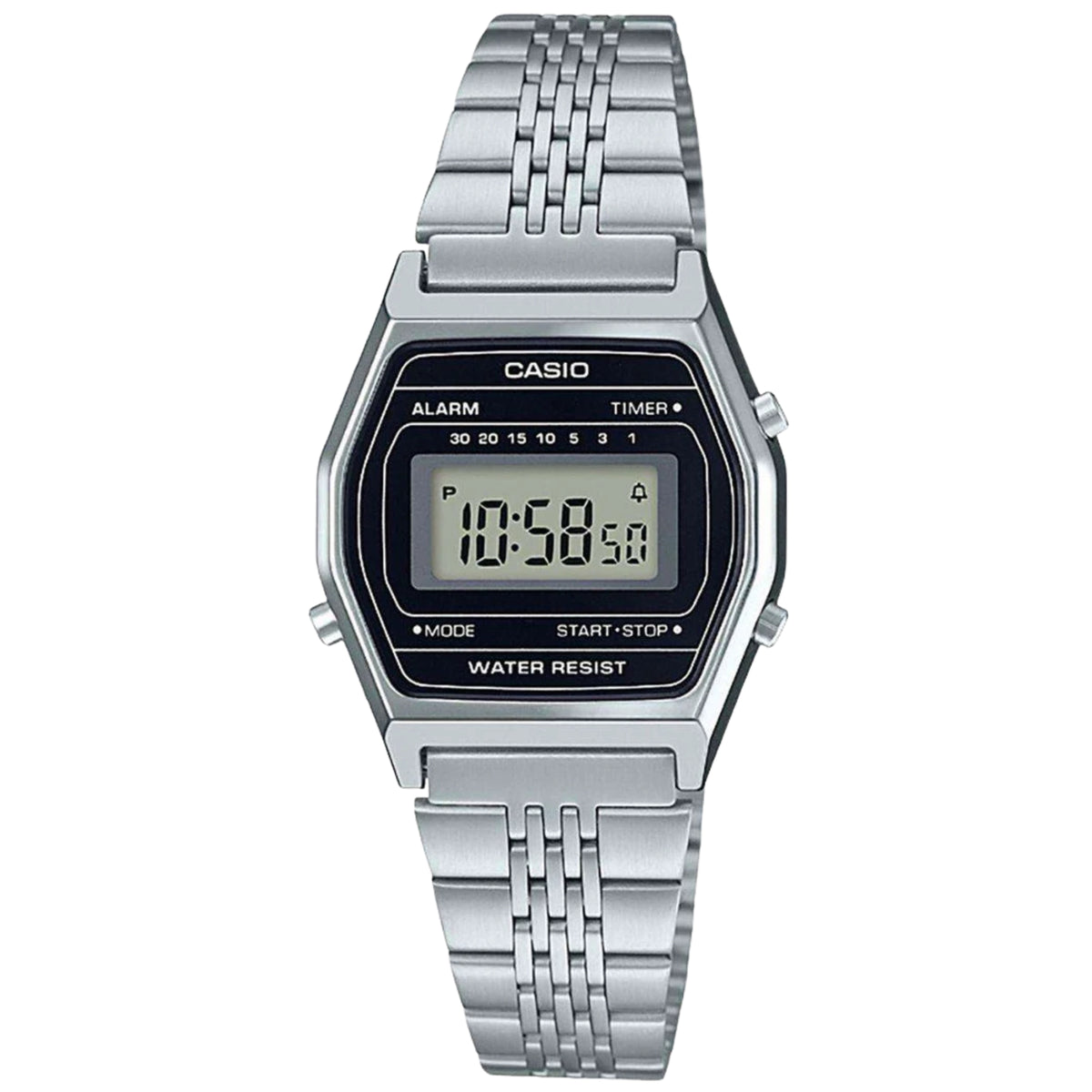 Metal link bracelet quartz watch with black face, LCD time display, side buttons