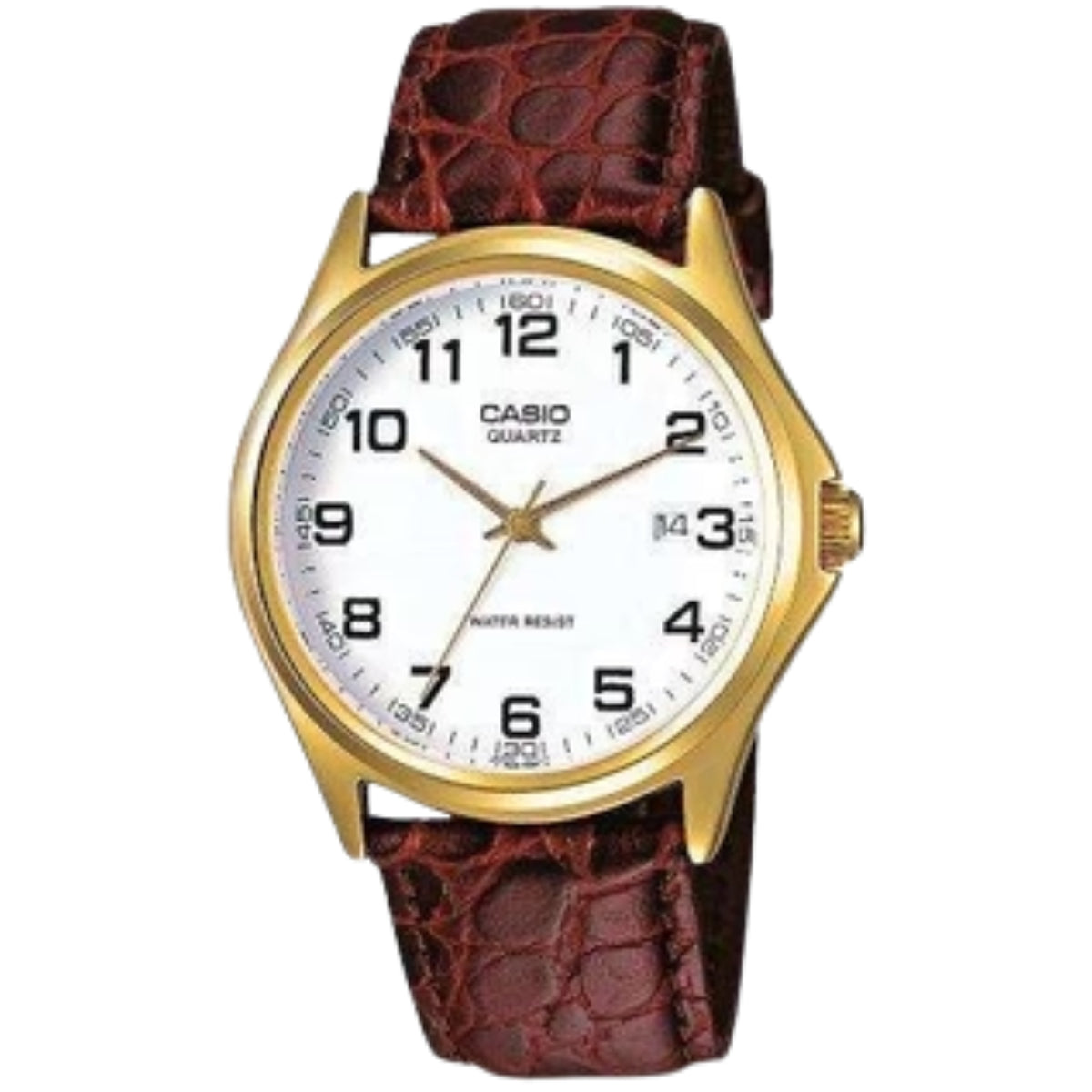 Casio quartz wristwatch with white dial, gold-tone case, and brown leather strap