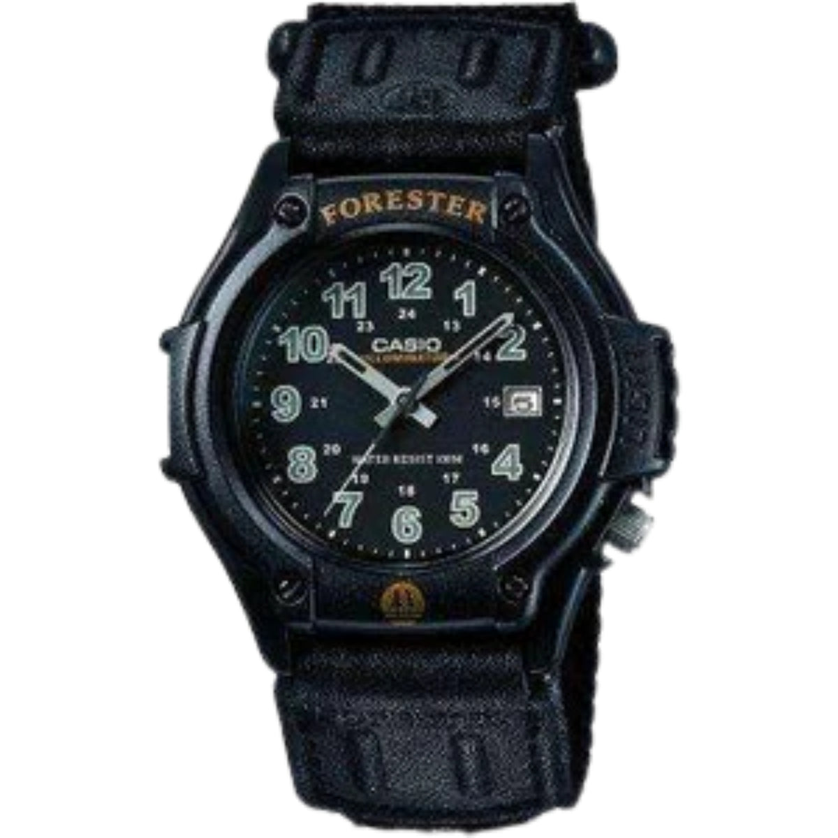 Casio Forester men's black resin analogue watch with dark dial, gold numerals, minute markers