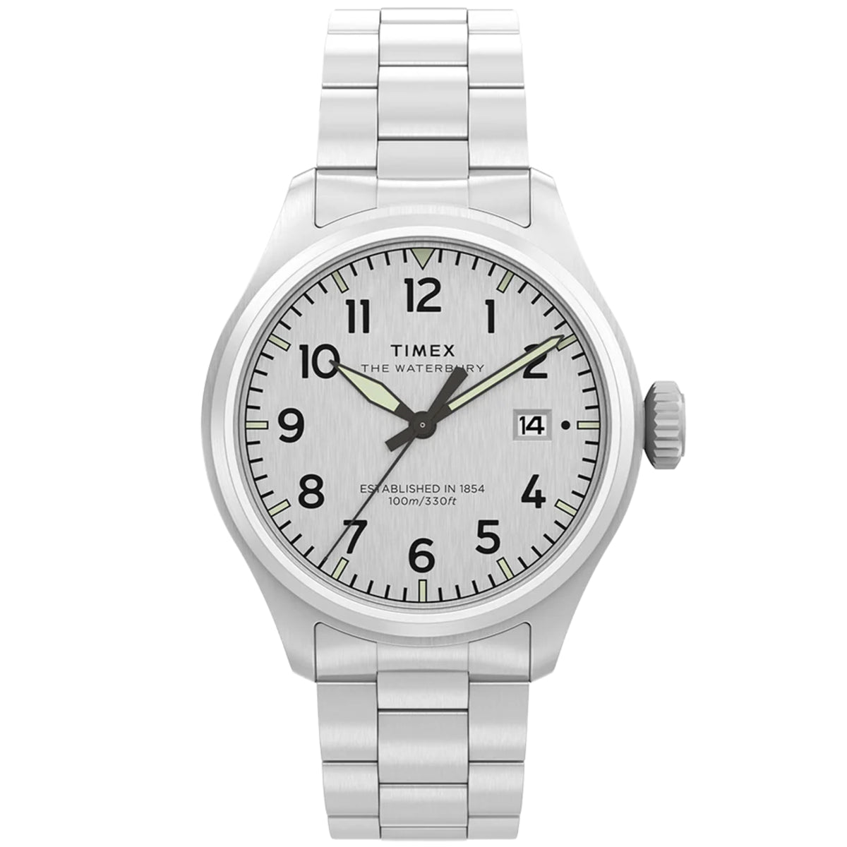 Waterbury 41mm men's quartz watch with silver dial, metal bracelet, date at 14
