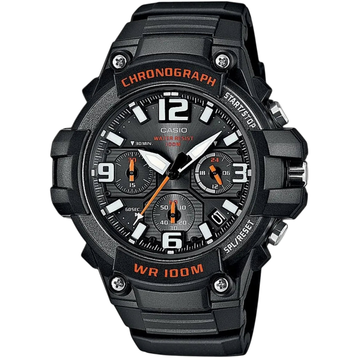 Men's Casio chronograph watch with black resin strap, round black dial and subdials