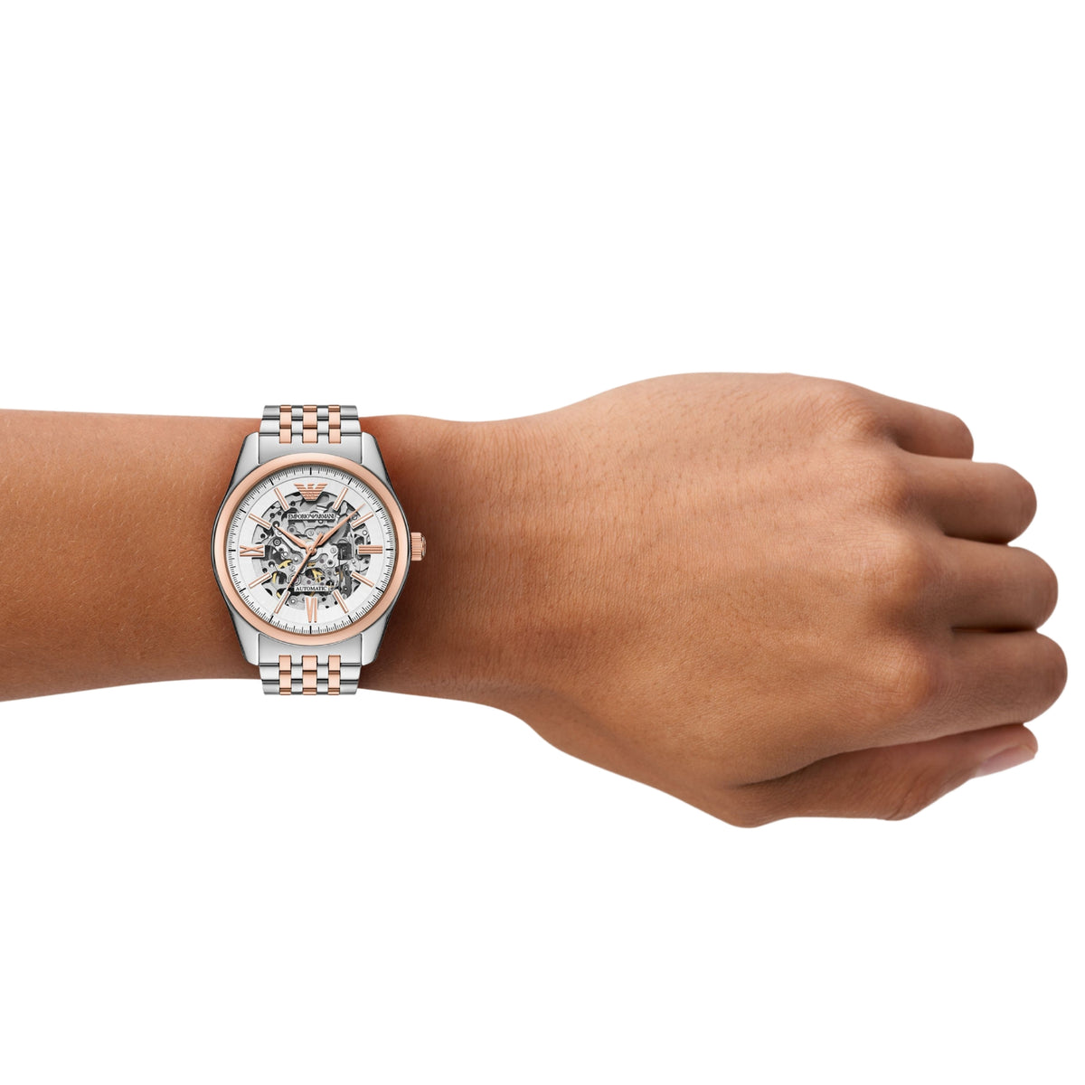 Emporio Armani Antonio AR60092 mens timepiece with an openwork silver dial and two-tone steel bracelet styled on a wrist