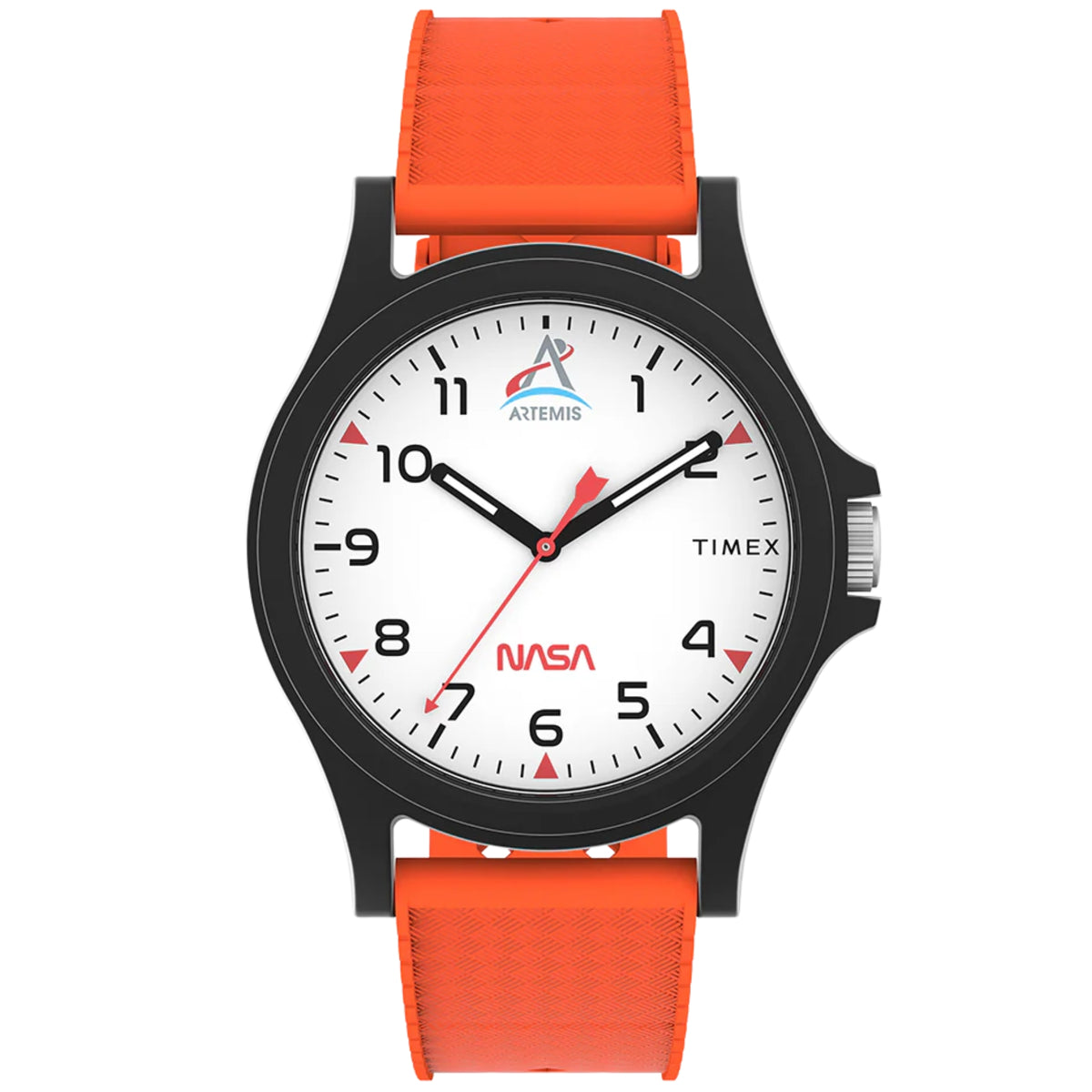 Quartz wristwatch with white dial, black case, orange silicone strap, NASA/Artemis branding