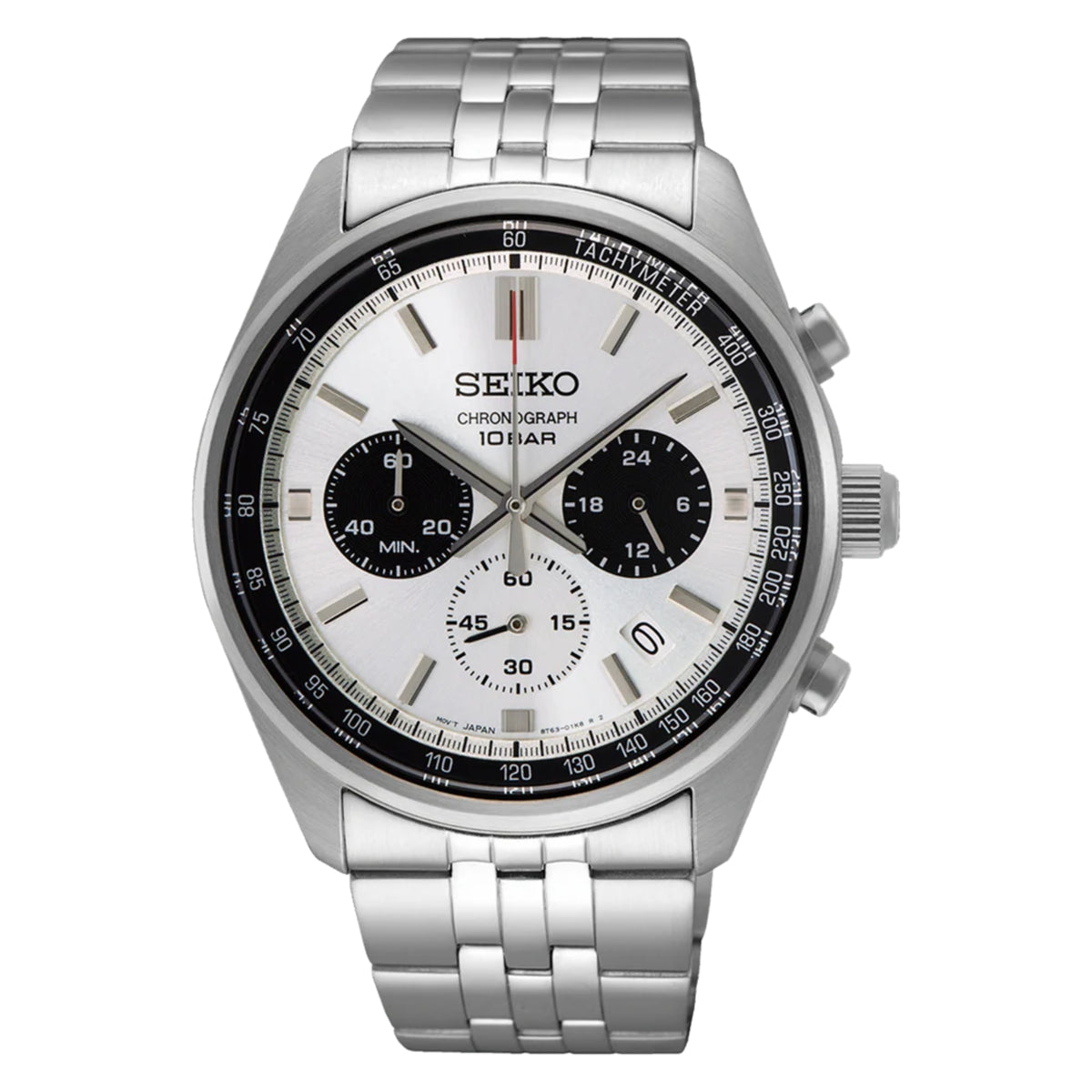 Front view of Seiko Essentials SSB425P1 Chronograph steel bracelet mens watch