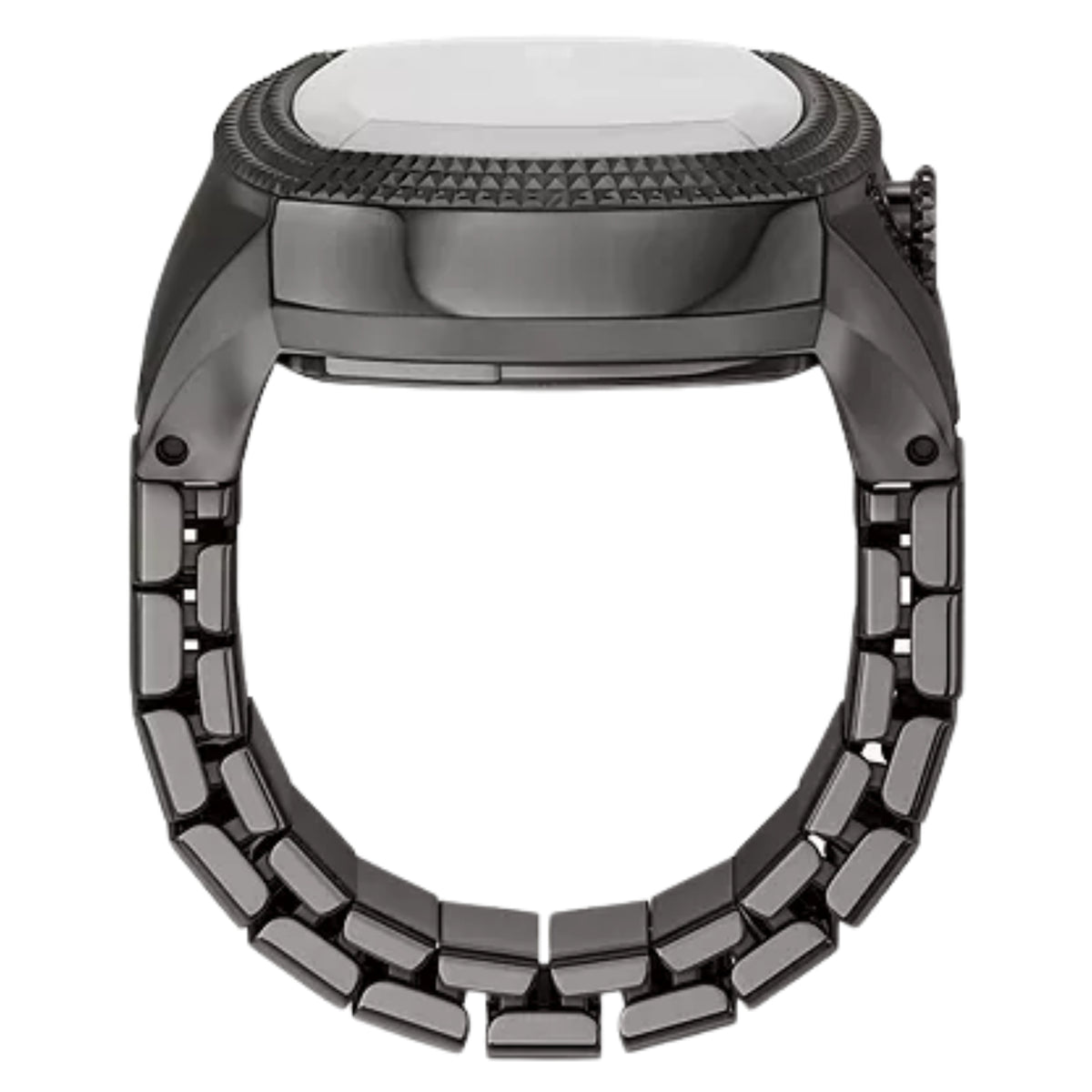 Full side profile of the Fossil Machine x Nick Jonas LE1212 ring watch showing the curved case height and flexible metal ring band