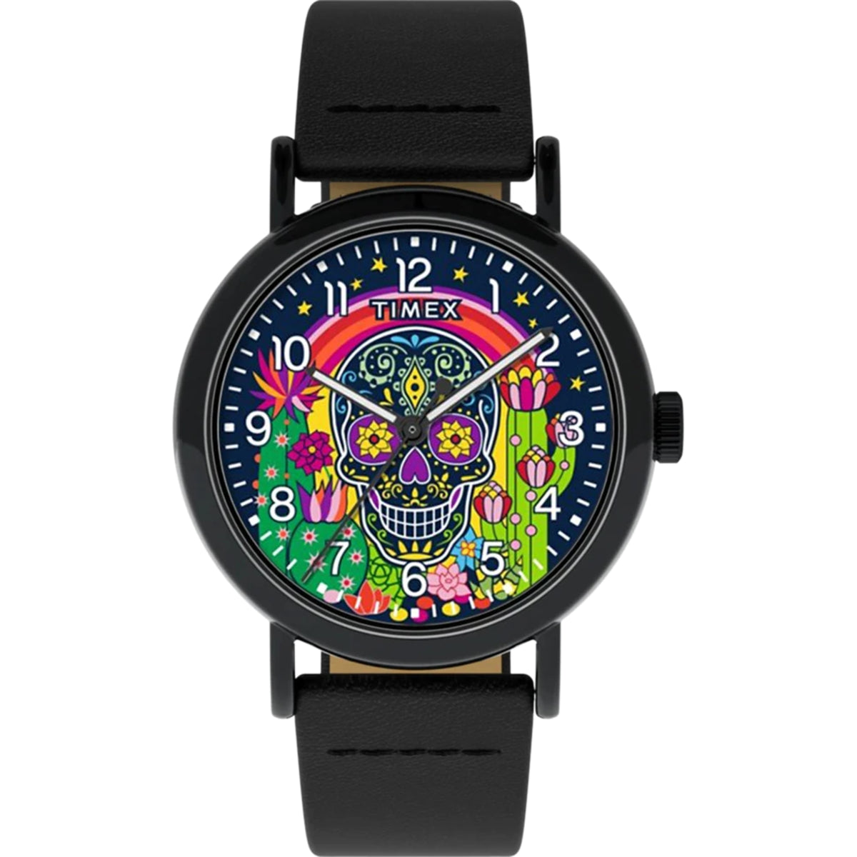 Timex Weekender 40mm quartz watch with colorful sugar skull dial and black leather strap